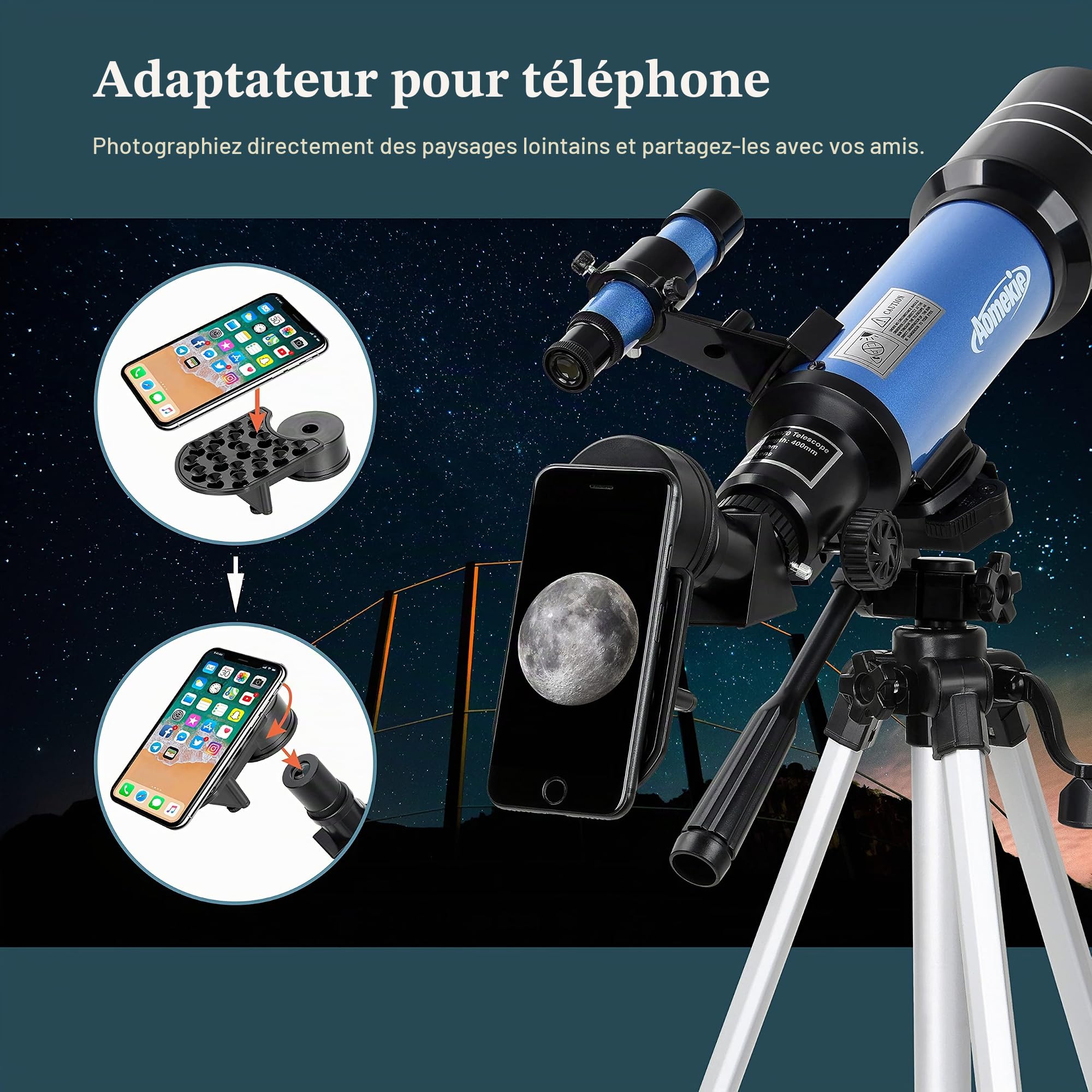 Aomekie Télescope Astronomique Adulte 400/70mm Lunette Astronomique Réfracteur avec Adaptateur de Téléphone Trépied Ajustable et Chercheur pour Débutants (40070 avec Sac)