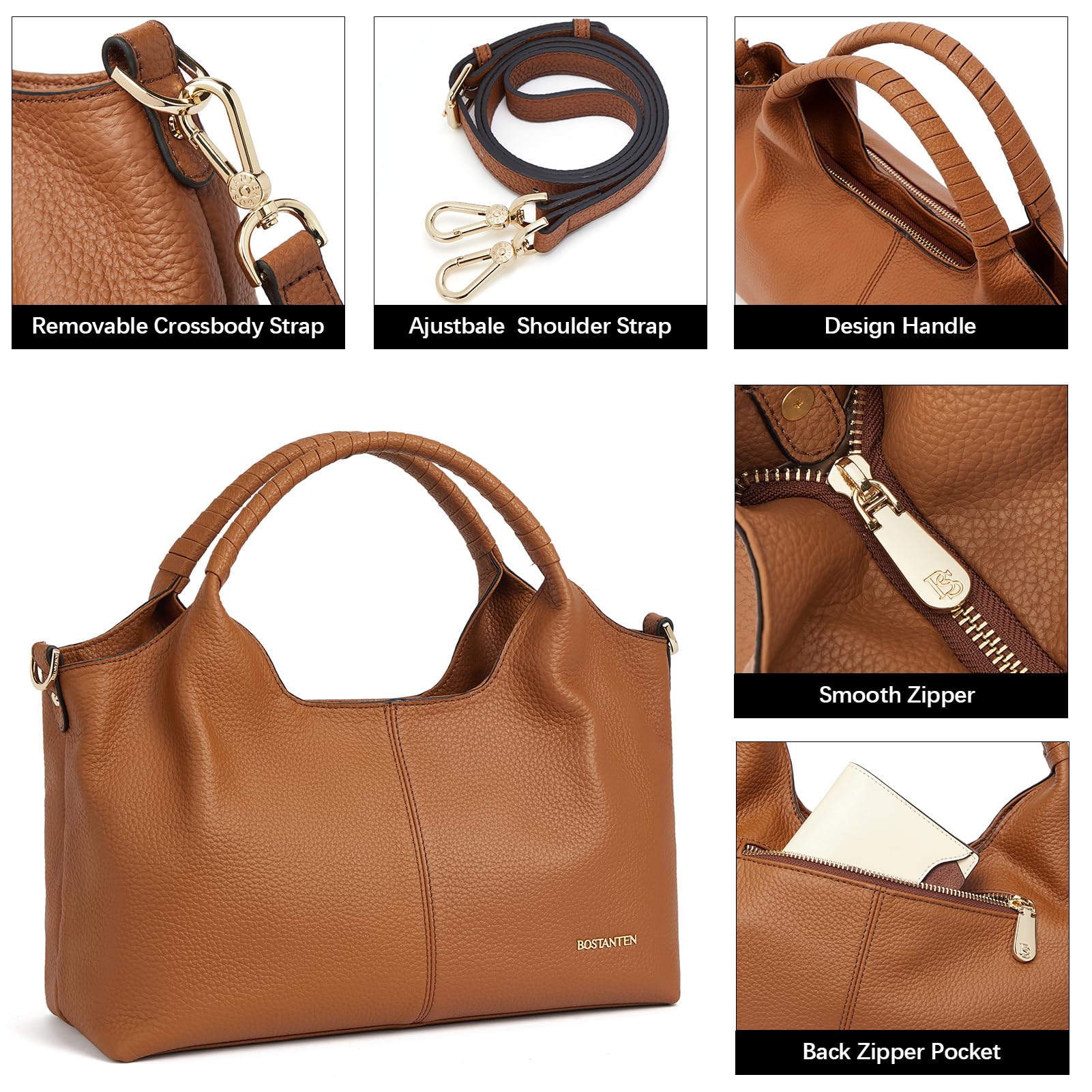 BOSTANTEN Damen Shopper Leder Handtasche Hobo taschen Top Griff Schultertasche Frauen Umhängetasche mit verstellbarem Riemen,Braun