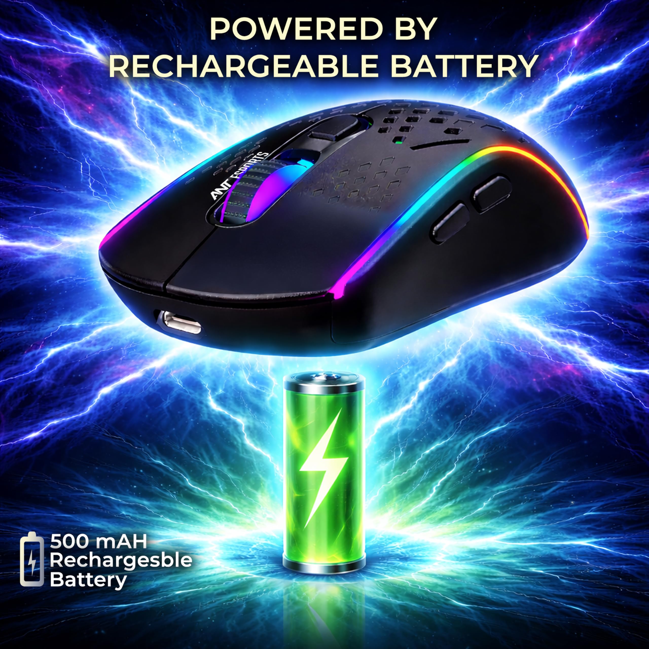 Ant Esports GM700 Wireless Gaming Mouse |4800 DPI Adjustable Sensor |11 RGB LED Modes | Lightweight Honeycomb Design |2.4GHz Low Latency |Rechargeable Battery | Ergonomic Mouse for PC & Laptop | Black 2