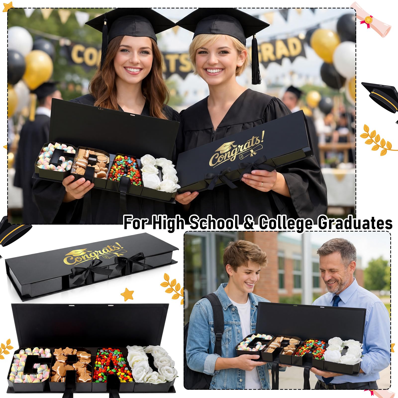 Gueevin Scatola regalo per lauree, 55,9 x 19,1 x 5,1 cm, lettere riempibili, scatole regalo per salumi 2026, bomboniere per feste di laurea in cartone per laureati e feste universitarie (nero)