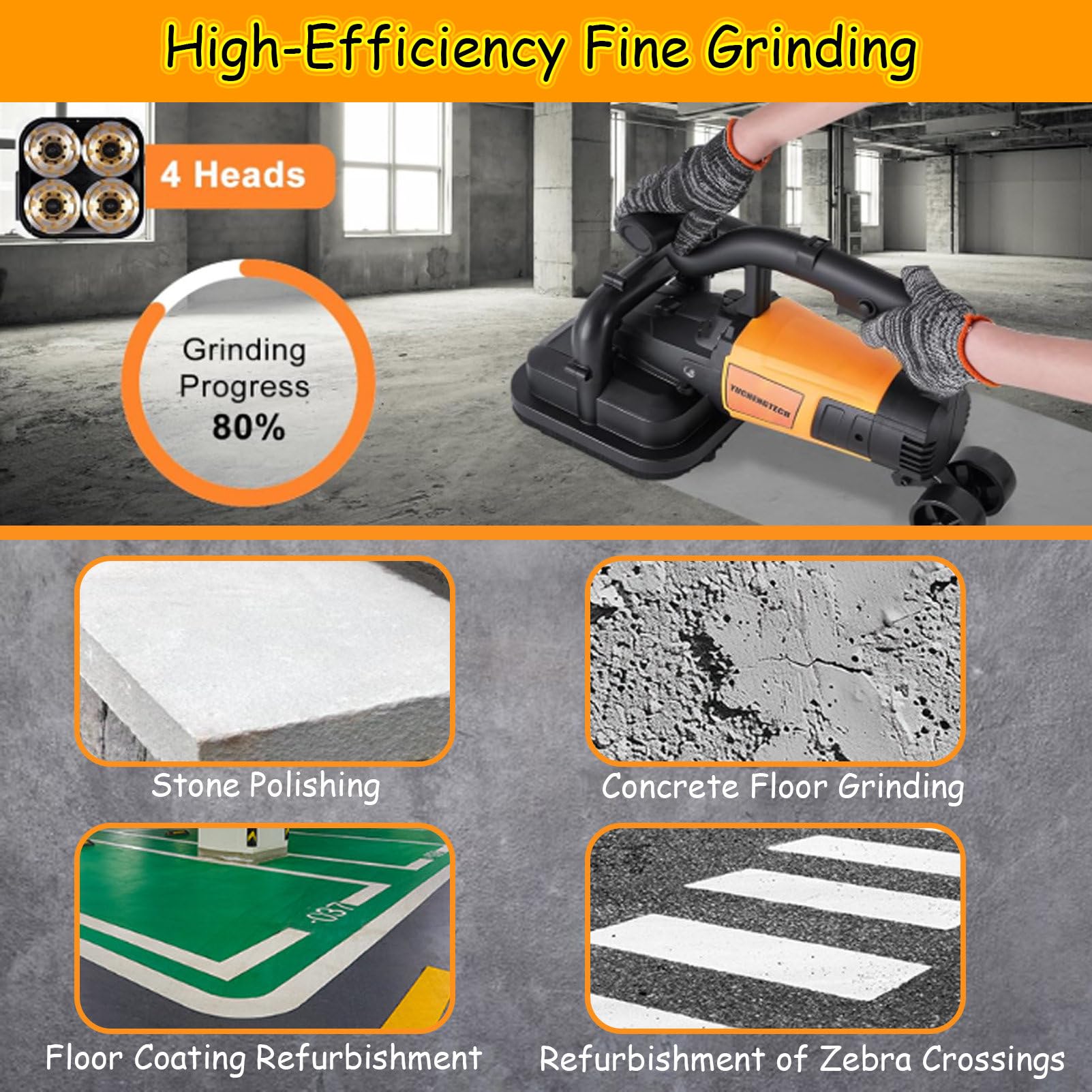 Juego De Pulidoras para Suelos De HormigóN De 4 Cabezales, Pulidora para HormigóN De 3800 W con Control De 6 Velocidades, Mango ErgonóMico De 6000 RPM, para Pulir HormigóN ExtensionPole