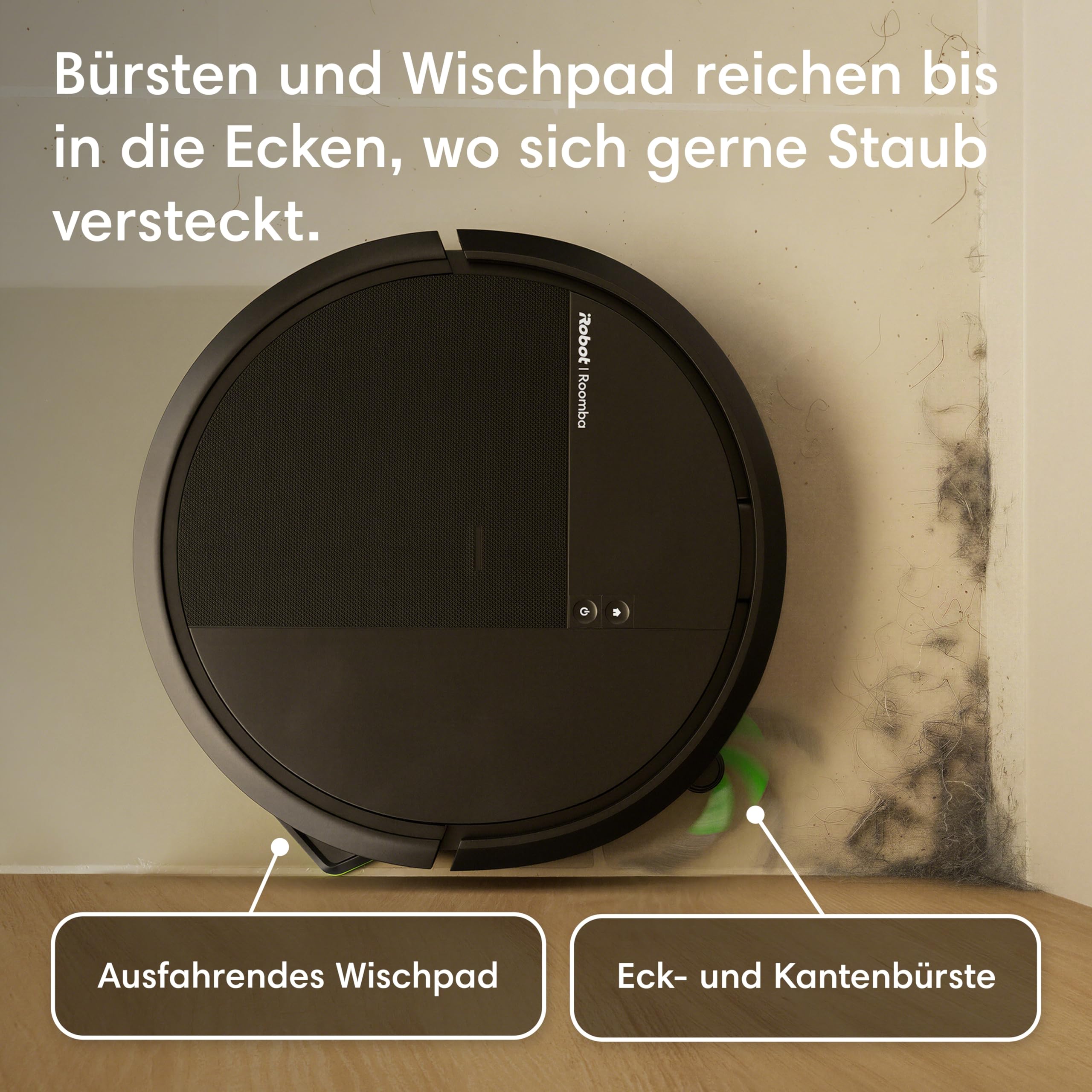 iRobot Roomba® 115 Combo Saug- und Wischroboter, 15k Pa Saugleistung, Bürsten und Wischpad reichen, Navigation mit Clearview™ LiDAR, Schwarz