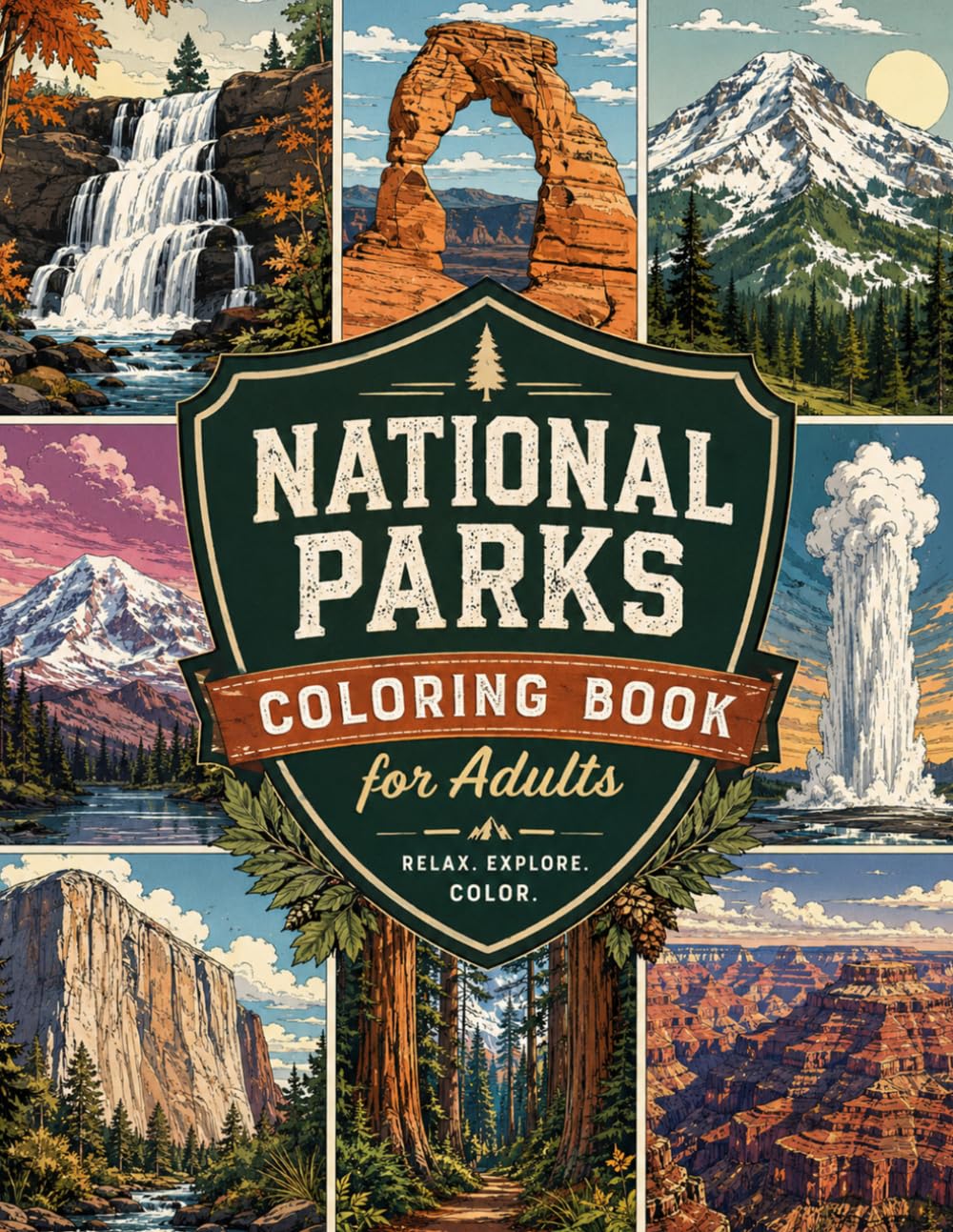National Parks Coloring Book for Adults: Relaxing Scenic Landscapes, Mountains, Forests & Wildlife for Stress Relief and Mindfulness.