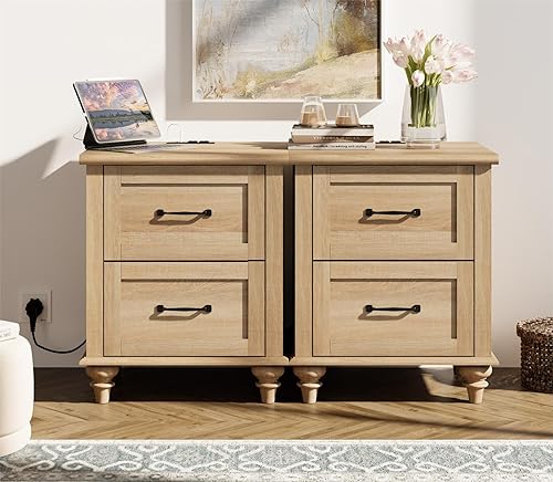 Miniatura 9 de WAMPAT Mesita de noche con estación de carga, mesa auxiliar de madera clara con 2 cajones para sala de estar, mesita de noche de granja para