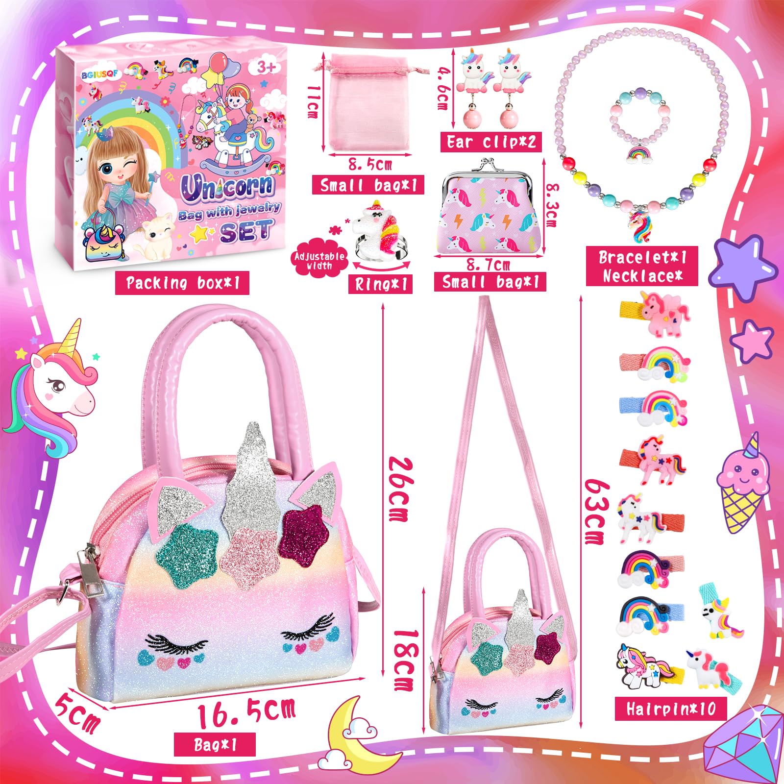 17-częściowy zestaw biżuterii z torebką jednorożca, prezenty z jednorożcem, zestaw biżuterii dla dzieci, torby, naszyjniki