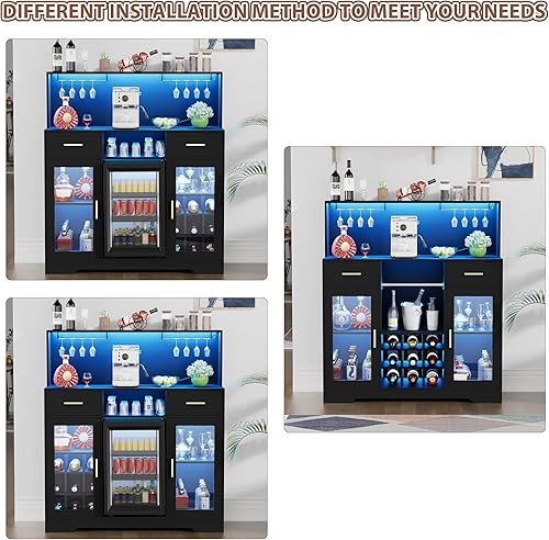 Miniatura 9 de Mini gabinete de nevera con almacenamiento, gabinetes de bar de vinos para el hogar con luz LED y toma de corriente, gabinete de barra de café con
