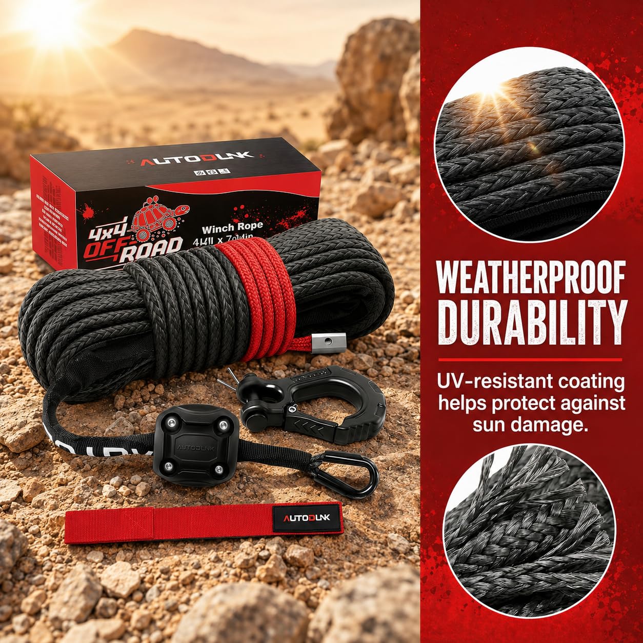 Kit cavo verricello sintetico 1/4 x 50 piedi 1000 libbre linea corda verricello nero con custodia protettiva+tappo in gomma + gancio verricello + cinghia di sicurezza per ATV UTV SUV