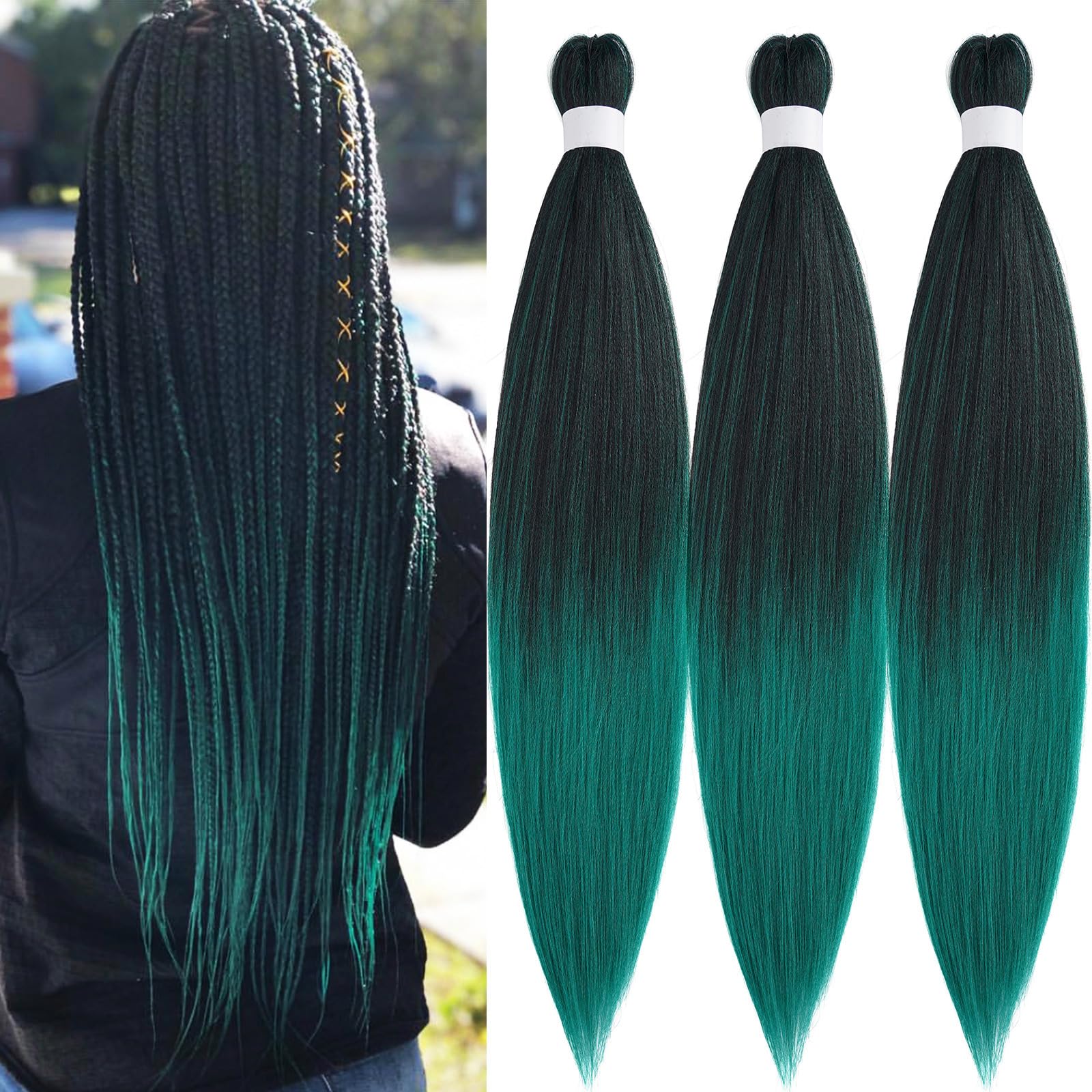 UPruyo 1b Green Pre Stretched Braiding Hair Green Ombre Braiding Hair Pre Stretched Synthetic Hair Extensions for Braiding Box Braids Yaki Knotless