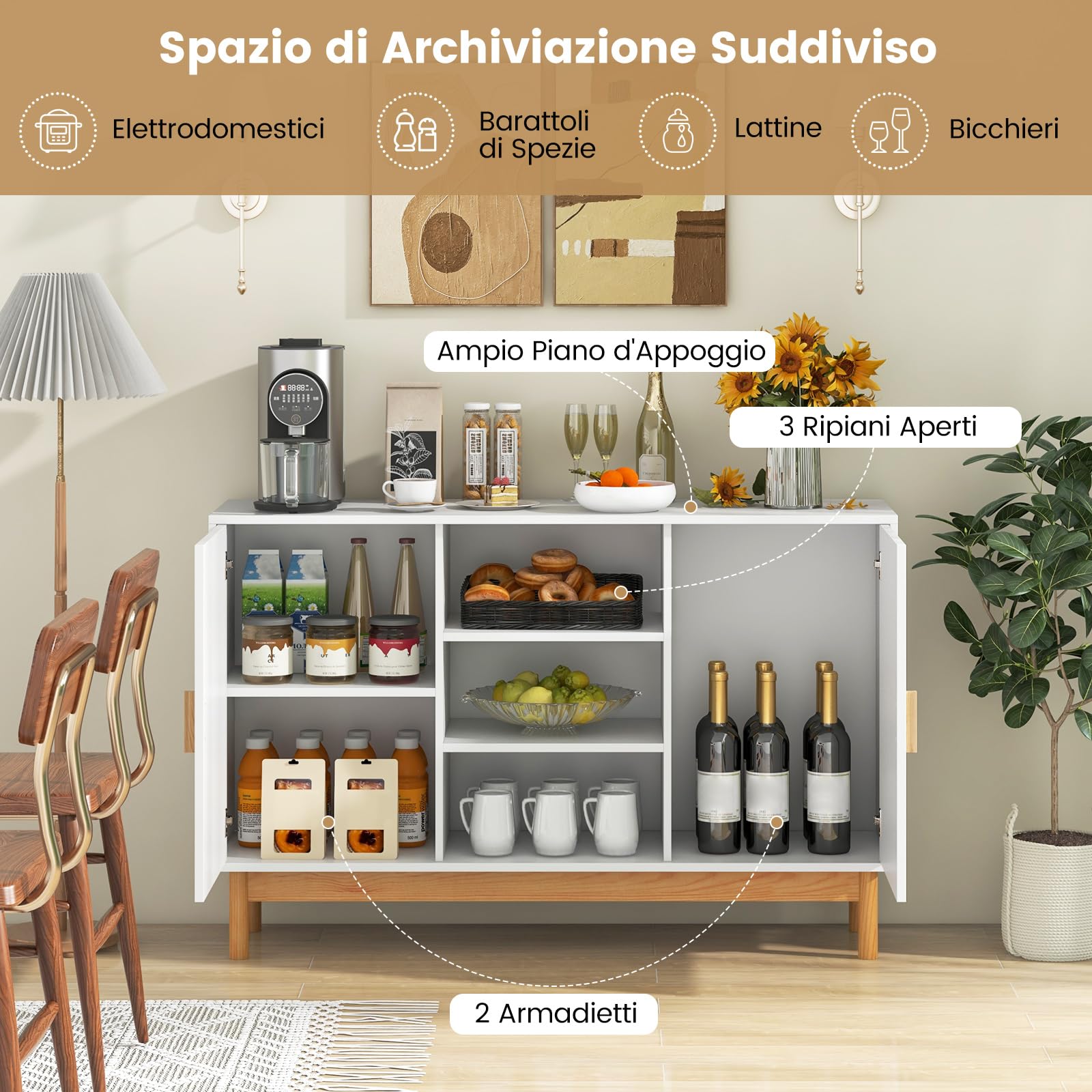 COSTWAY Credenza Buffet da Cucina, Mobile da Cucina con 2 Porte Intrecciate in Bambù, 3 Ripiani Aperti, per Cucina, Sala da Pranzo, Soggiorno e Ingresso, 120 x 35 x 78 cm