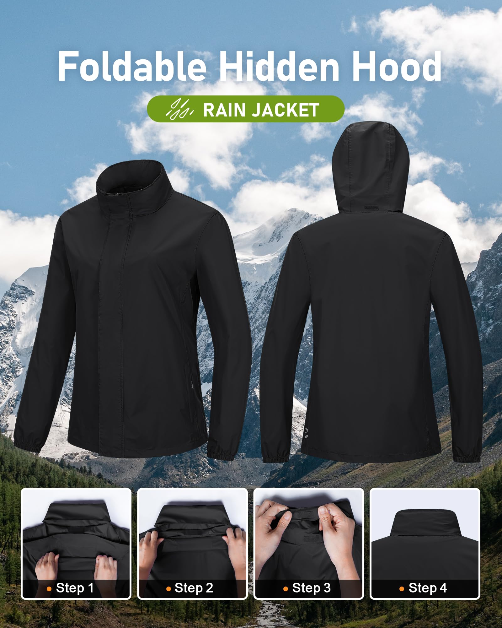 Outdoor Ventures Veste de pluie pour femme - Imperméable - Coupe-vent - Légère - Avec capuche - Pliable - Veste de cyclisme - Veste d'extérieur