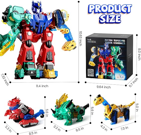 Magnetic Dinosaur Robot & Press and Go Dino Truck Toys Set for Kids, 6-in-1 Magnetic Dino Transforming Robot + Dinosaur Construction Vehicles, STEM Building & Sandbox Play Gift for Boys Age 28