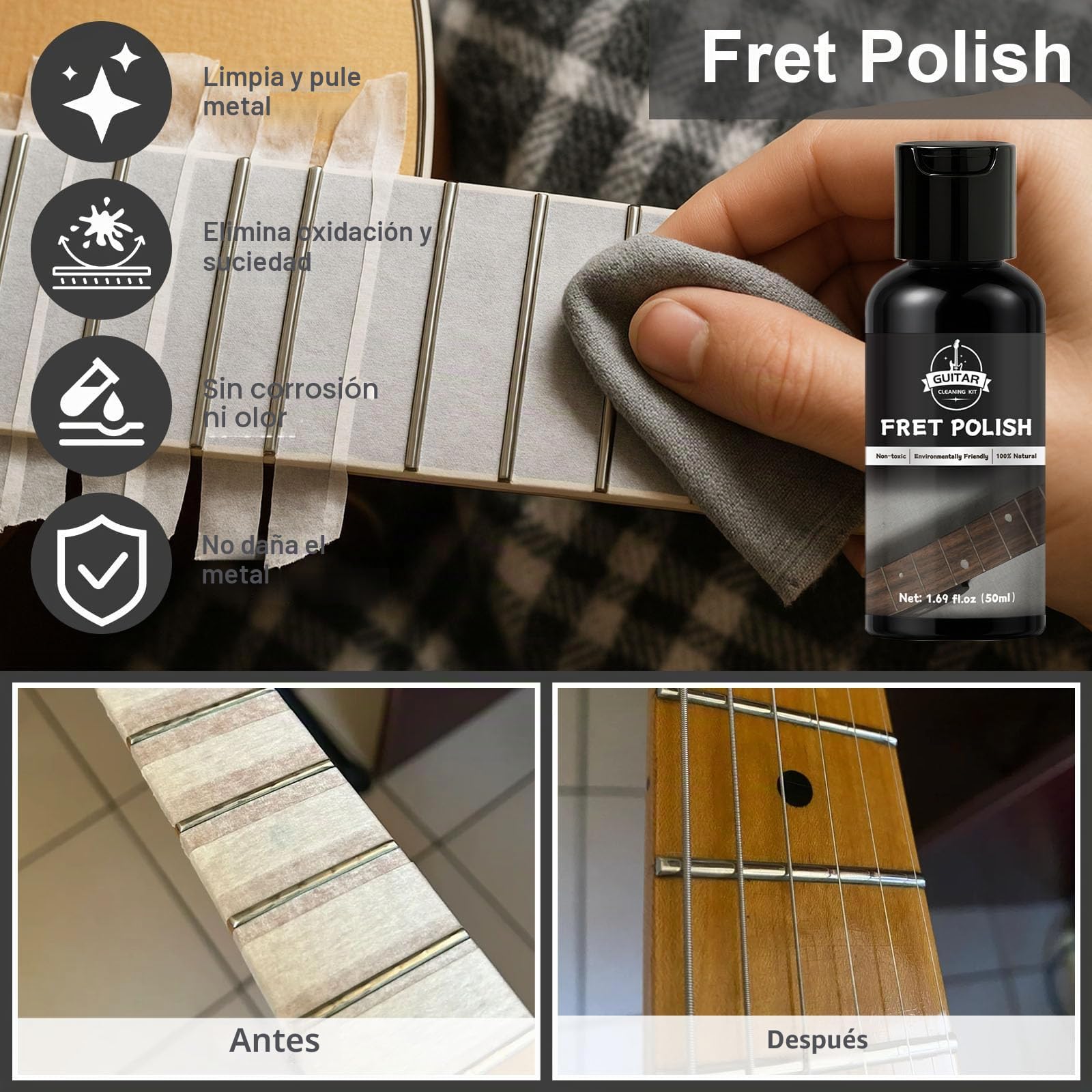 Kit Mantenimiento Guitarra 9 piezas, Kit Limpieza Guitarra: Fret Polish, Guitar Cleaning Solution, Fretboard Lemon Oil, Guitar String Cleaning & Polish