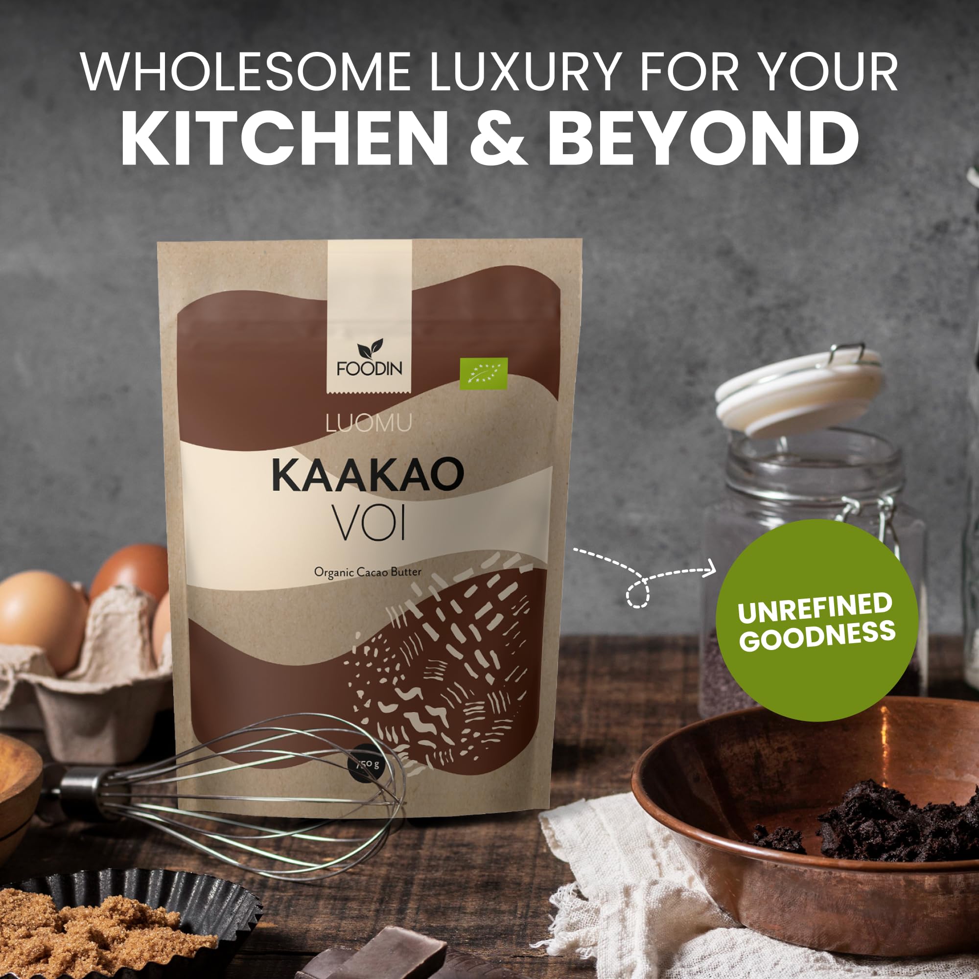 FOODIN Manteca de cacao ecológica — Kakaobutter pura para cuidado de la piel – Ideal para repostería, postres y cocina – Aroma suave y nutritivo – 750 g