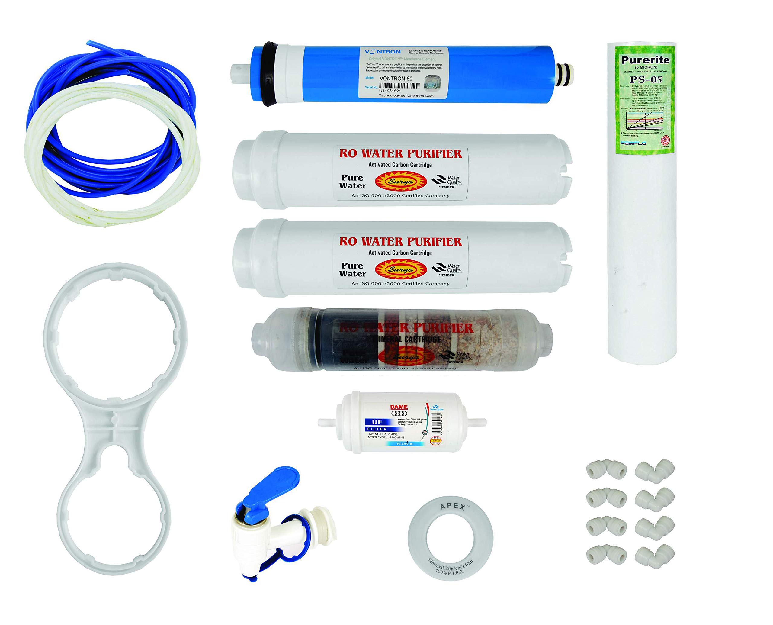 Surya Set of Complete RO Water Purifier Service Suitable for All Type of Water Treatment Purification System Like RO with Vontron Membrane with Mineral - 18 Pcs