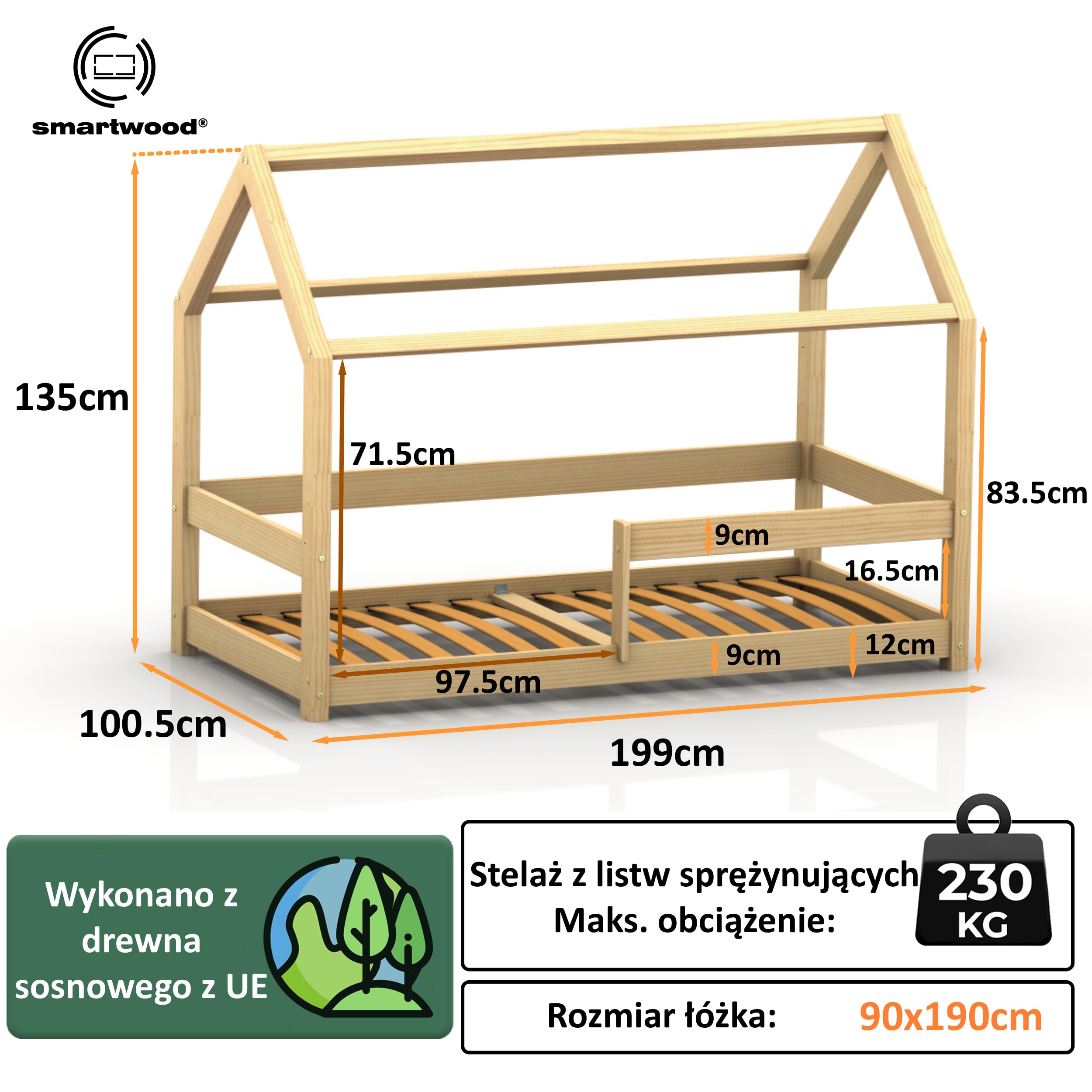 smartwood Łóżko domek 90x190 ze stelażem, Lite Drewno, Kaszmirowy, MILO | Łóżko dziecięce Montessori, wysokość wejście 12 cm, stelaż do 230 kg, drewno sosnowe, łatwy montaż, od 3 lat