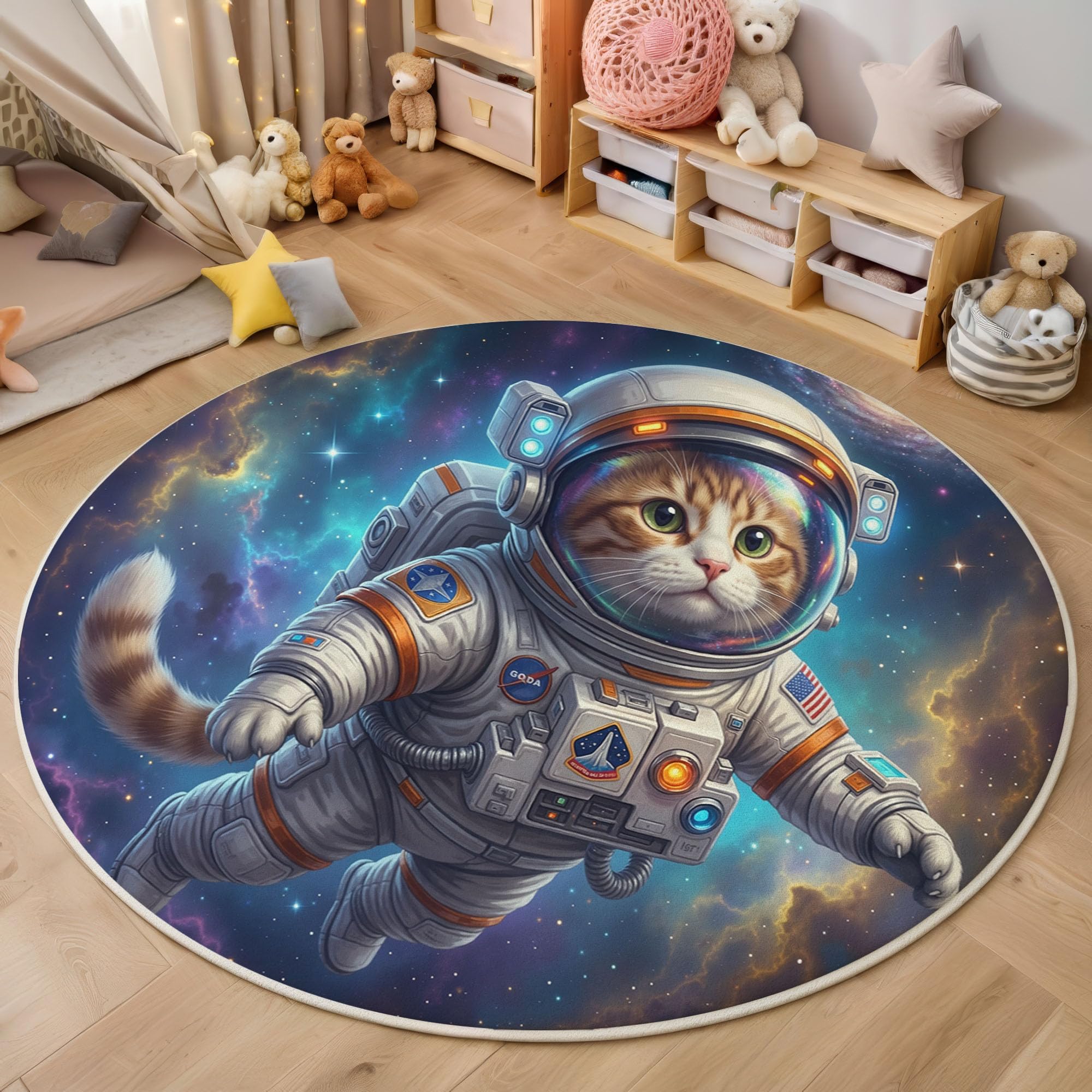 Tapis de salon rond design chat astronaute pour décorer un coin lecture enfant