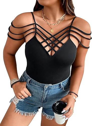 SOLY HUX Women's Plus Size Bodysuit Criss Cross Front Spaghetti Strap Cami Bodysuit Tops