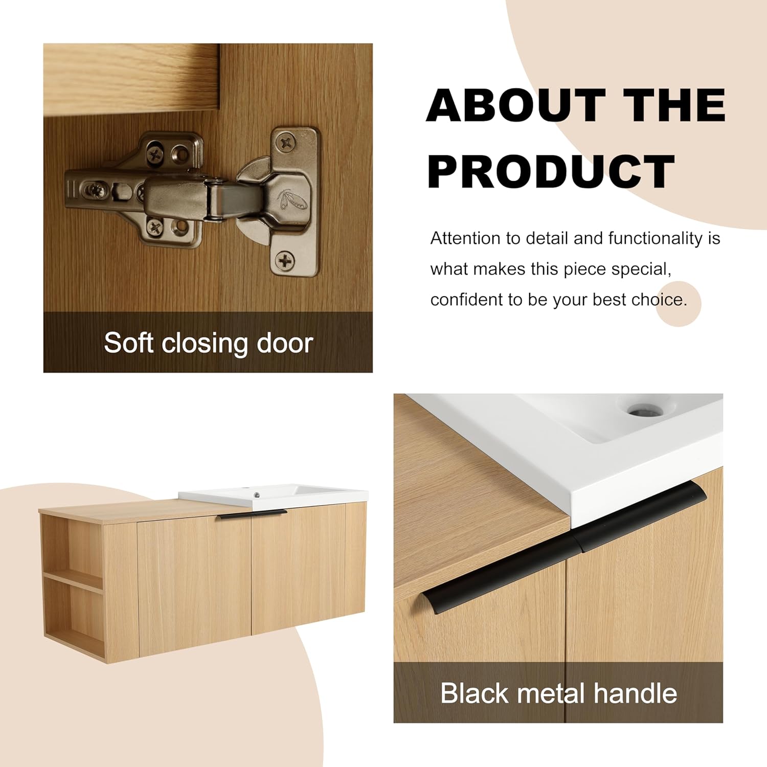 Floating Vanity Bathroom, 48 Inch Bathroom Vanity with Sink, Wall Mounted Sink Vanity, Integrated Sink, Soft Closing Door, Side Open Shelves, Waterproof (Oak)