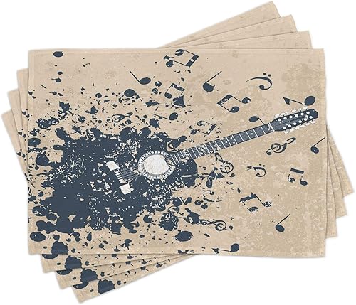 Ambesonne Juego de 4 manteles individuales modernos, guitarra acústica sobre fondo retro turbio, notas musicales, ilustración de melodía, manteles