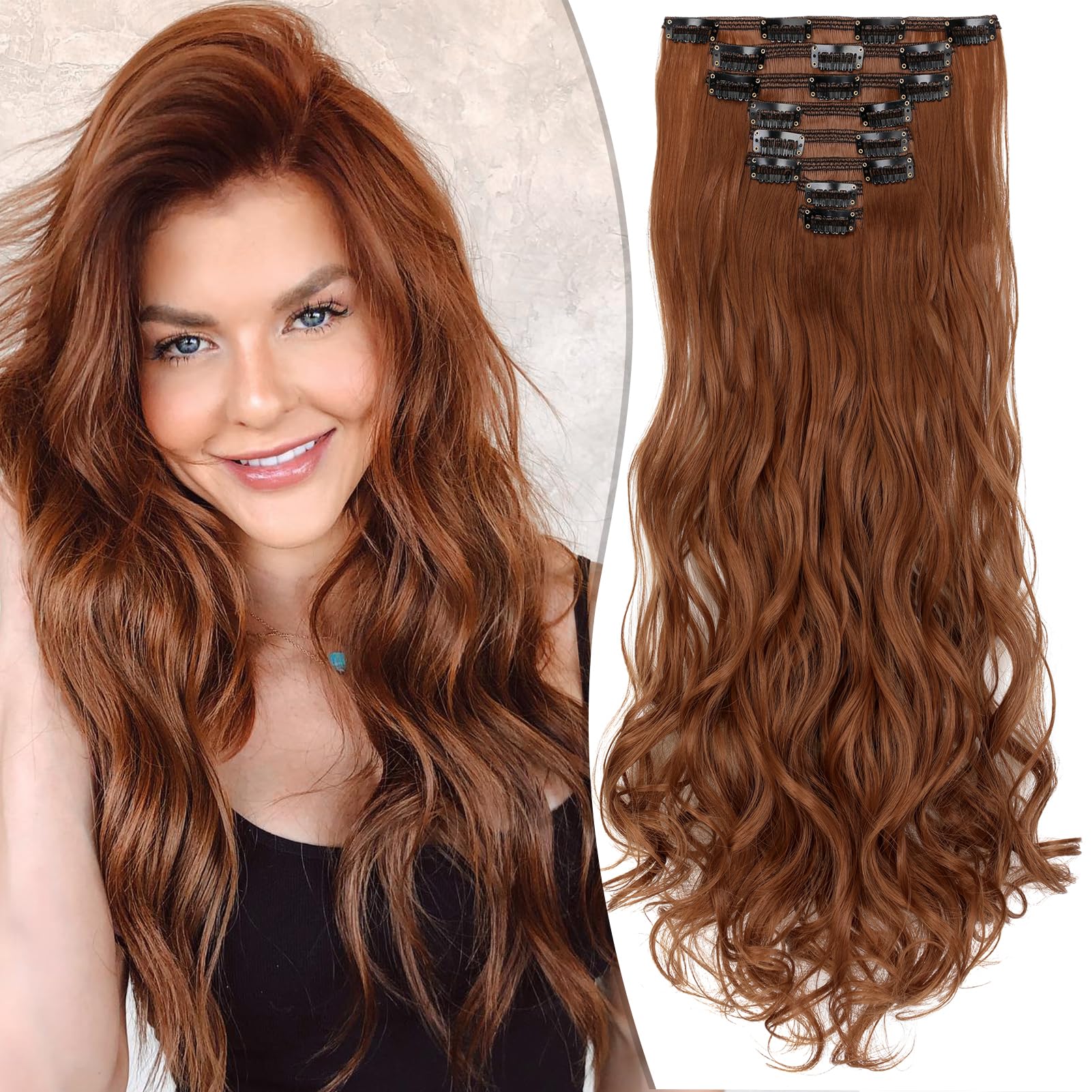 Fanguilar Clip in Hair Extensions 24 Inch 8PCS Light Auburn Long Wavy Synthetic Hair Extensions Clip ins Thick Double Weft Hair Clip Extensions for