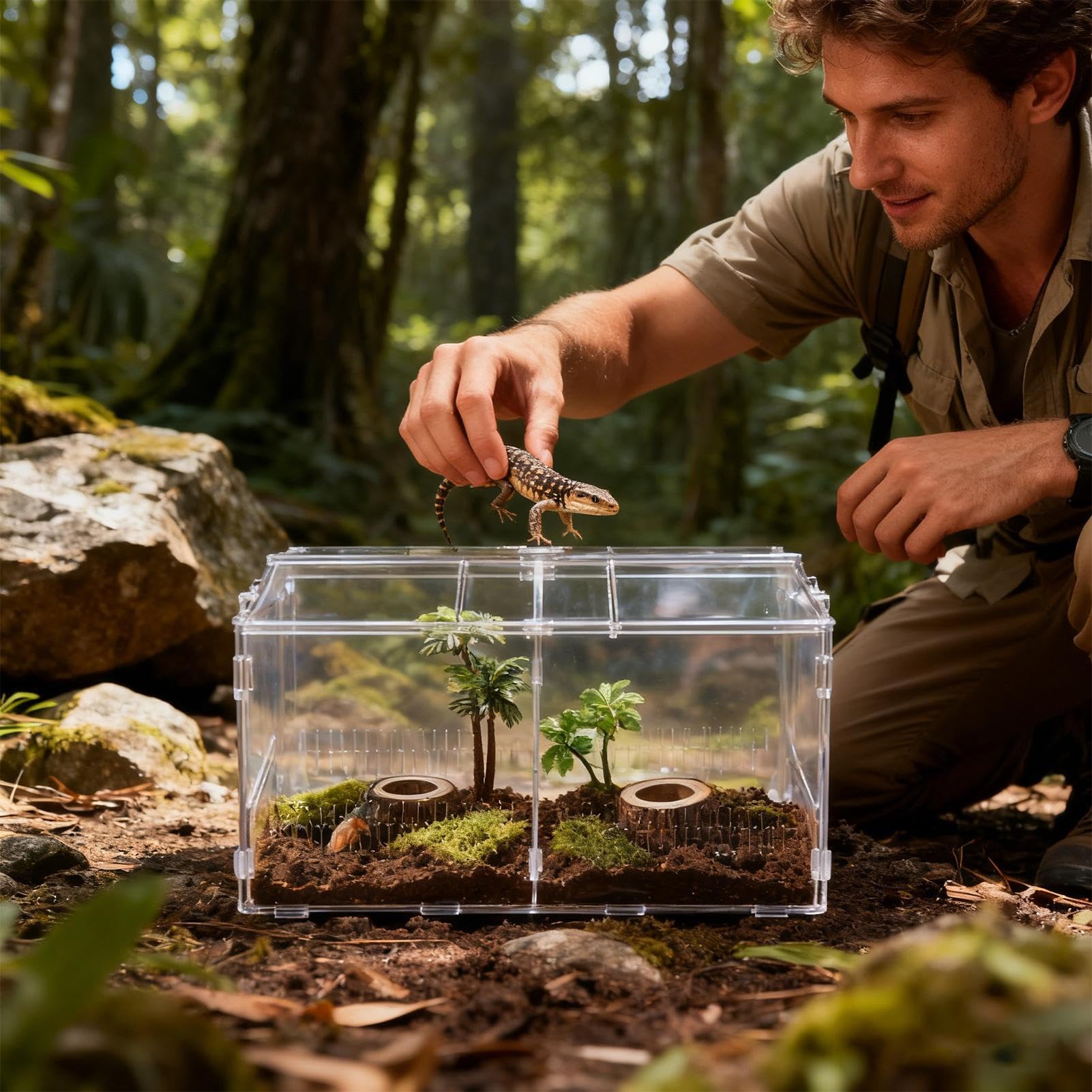 Siedlisko dla pająków skoczków - Oddychająca i przezroczysta akrylowa wanna | 40 x 20,5 x 20 cm Terrarium dla gadów z pokrywką - dla żółwia węża żółwia kraba żaba roślina piasek skała