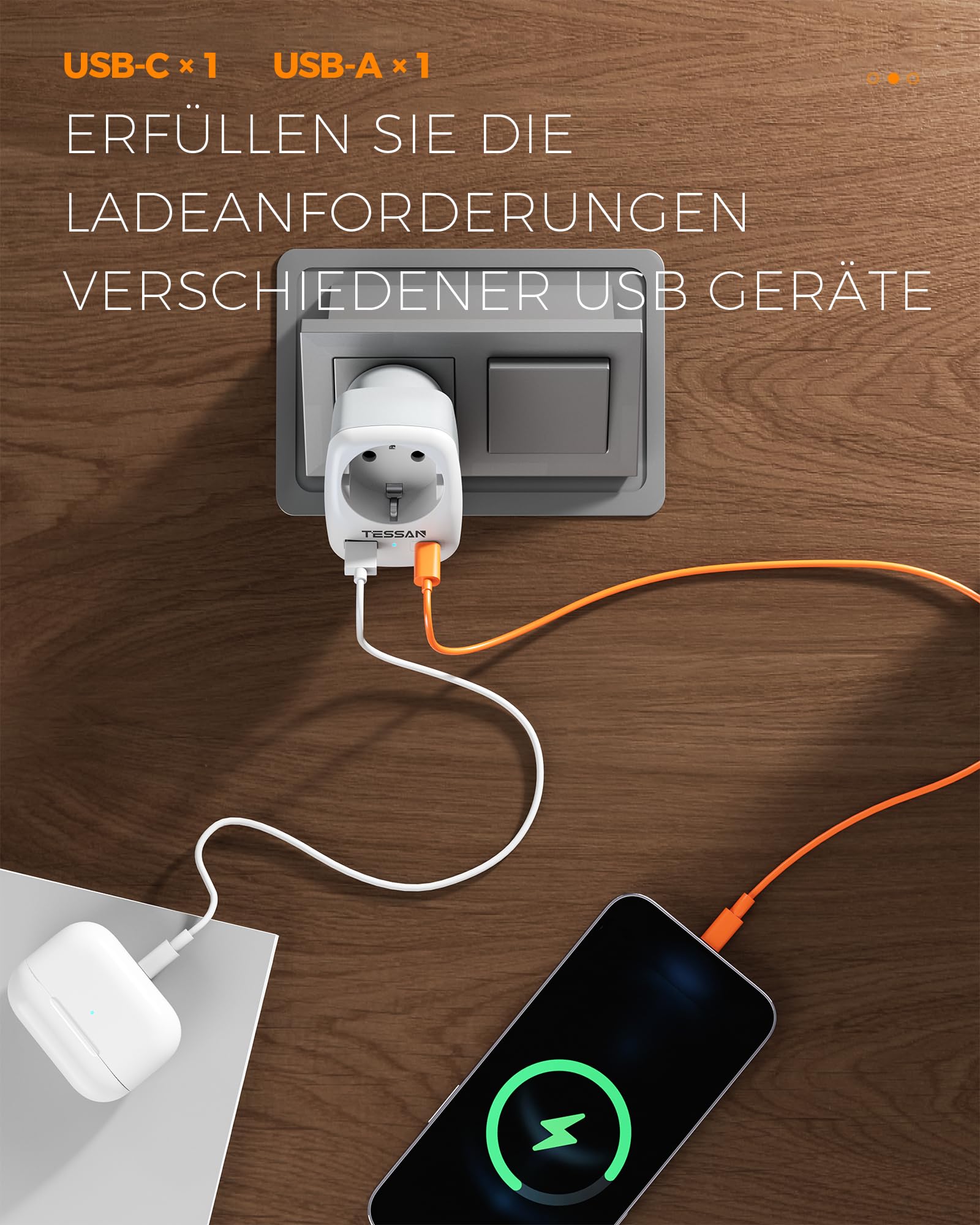 TESSAN Adattatore Presa Americana, 3 in 1 con 1 USB C e USB A, Presa Americana Adattatore Italiana 1875W, Spina USA per Canada Messico, Tipo B