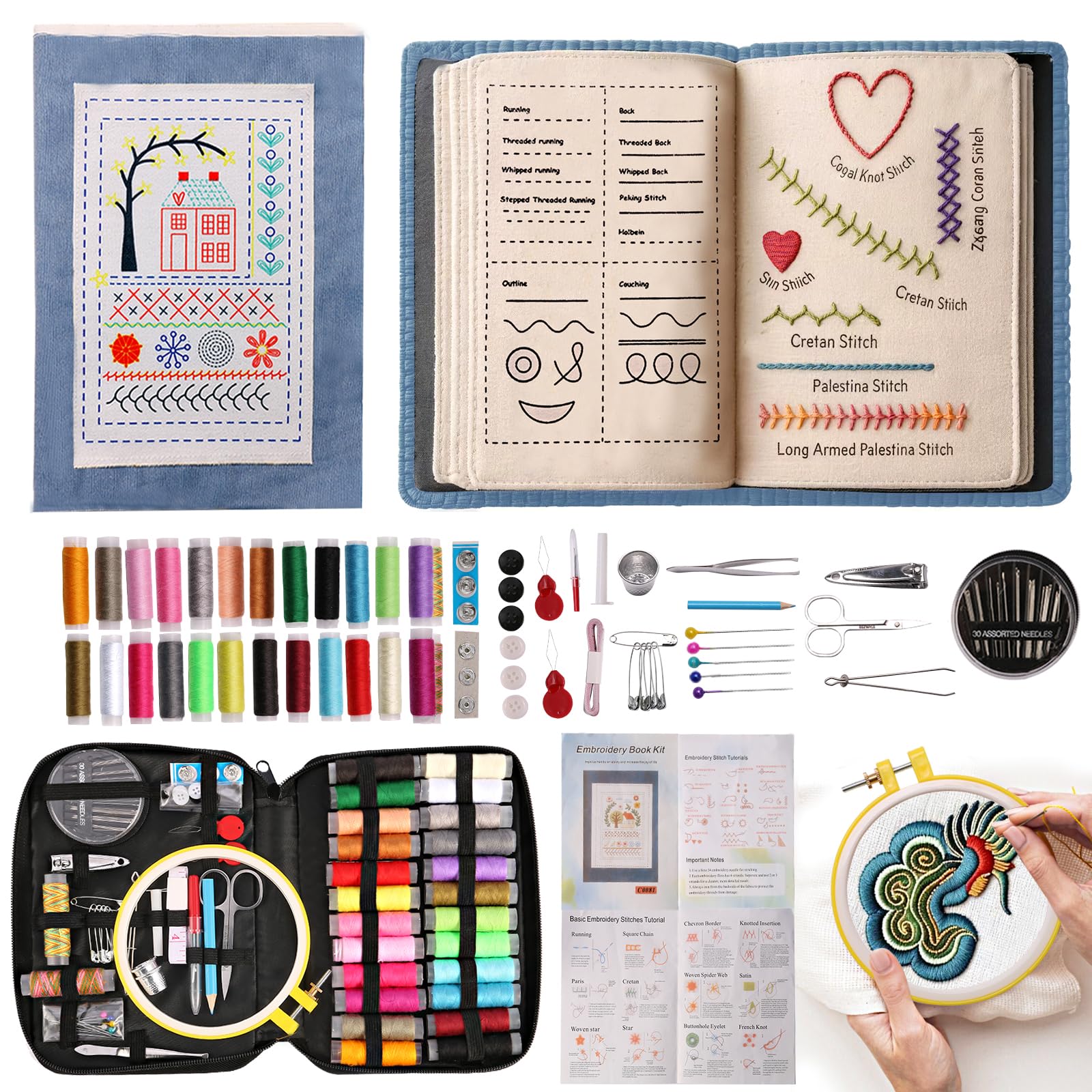 Photo 1 of Losaria 100 PCS Complete Embroidery Stitch Kit with Includes Step-by-Step Instructions, Hoops, Threads, Needles & Fabric, All-in-One Portable Starter Set for Adult Beginners & DIY Craft Enthusiasts