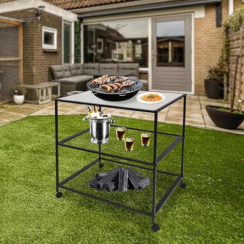 Miniatura 2 de Mesa móvil de tres estantes, carrito de parrilla de acero inoxidable, soporte para horno de pizza con ruedas, mesa de carrito de trabajo móvil para
