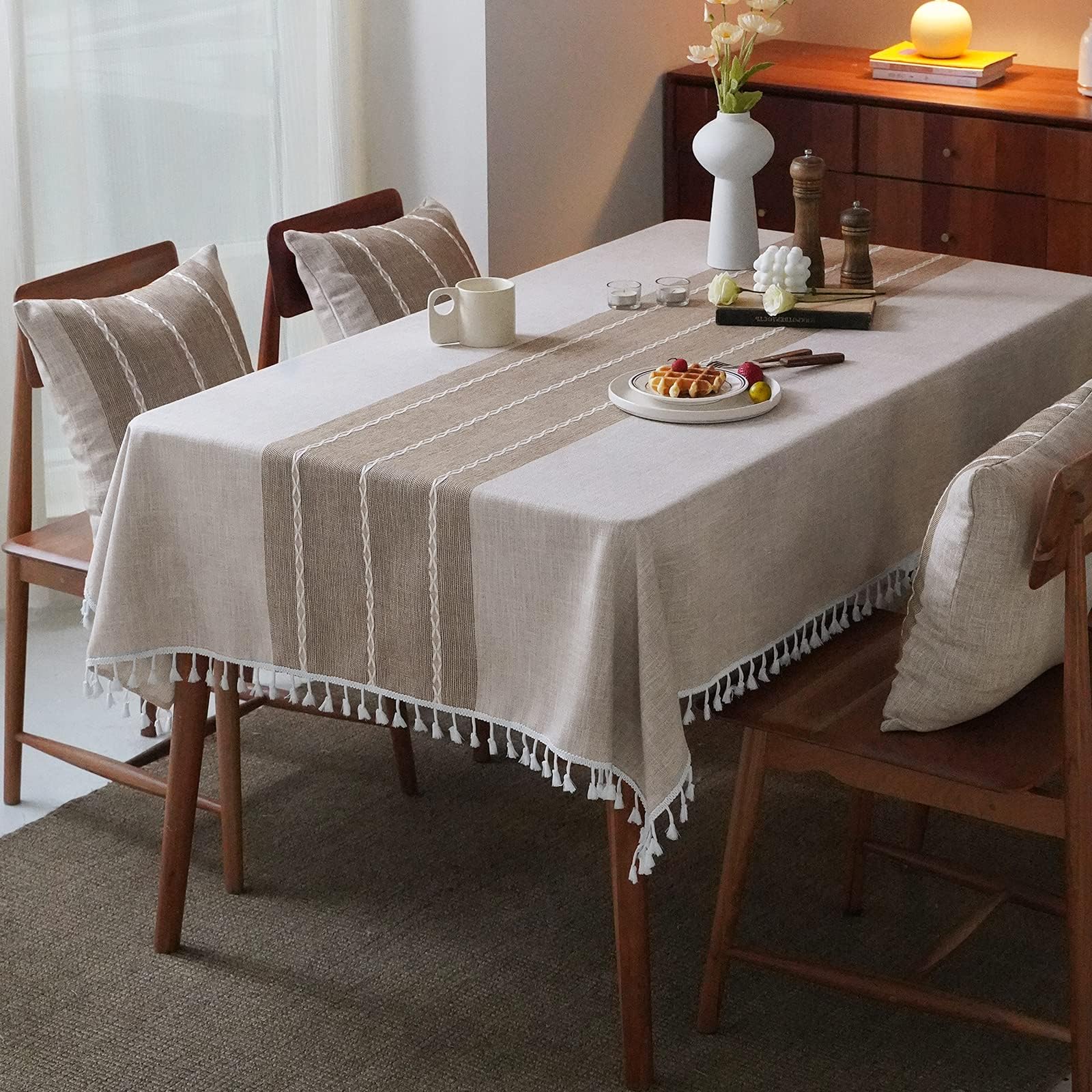 Mokani Middle Embroidery Table Cloth Washable Cotton Linen Tassel Tablecloth, Rectangle Wrinkle Free Anti-Fading Table Cover for Kitchen Dinning Thanksgiving Christmas (55 x 120 Inch, Brown)