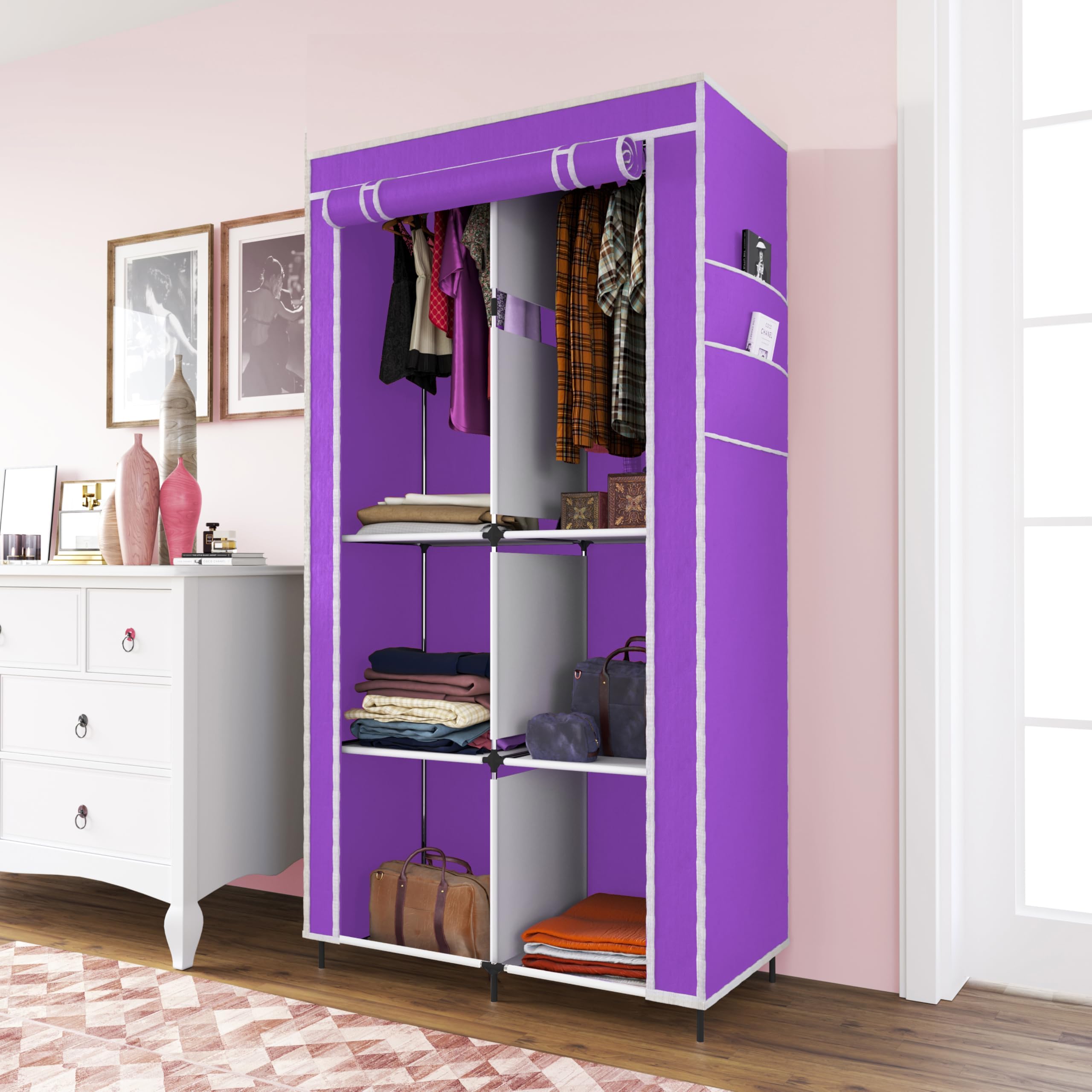 Whitecloud TRANSFORMING HOMES Collapsible Wardrobe Closet for Clothes Almira, 2 Hanging Space, 6 Shelves, 1 Side Pocket Non-Woven Fabric 7700-3