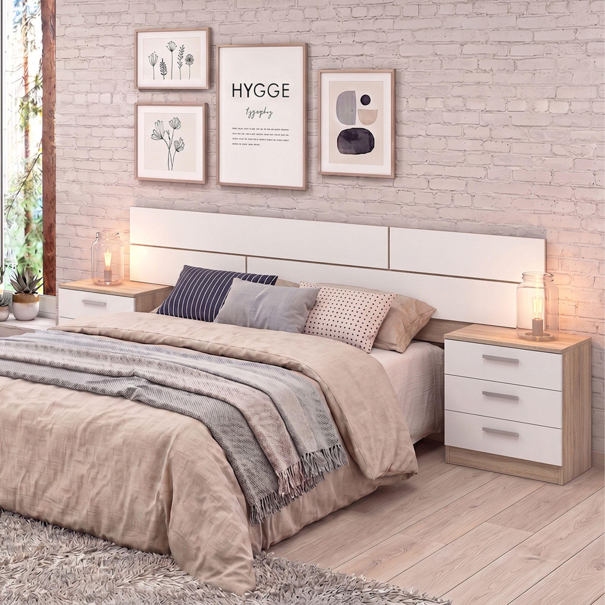 Meyvaser Ensemble tête de lit et 2 tables de chevet, chambre double, chambre complète, finition en cambria et blanc, 220 cm (largeur) x 50 cm (hauteur) x 35 cm (profondeur)