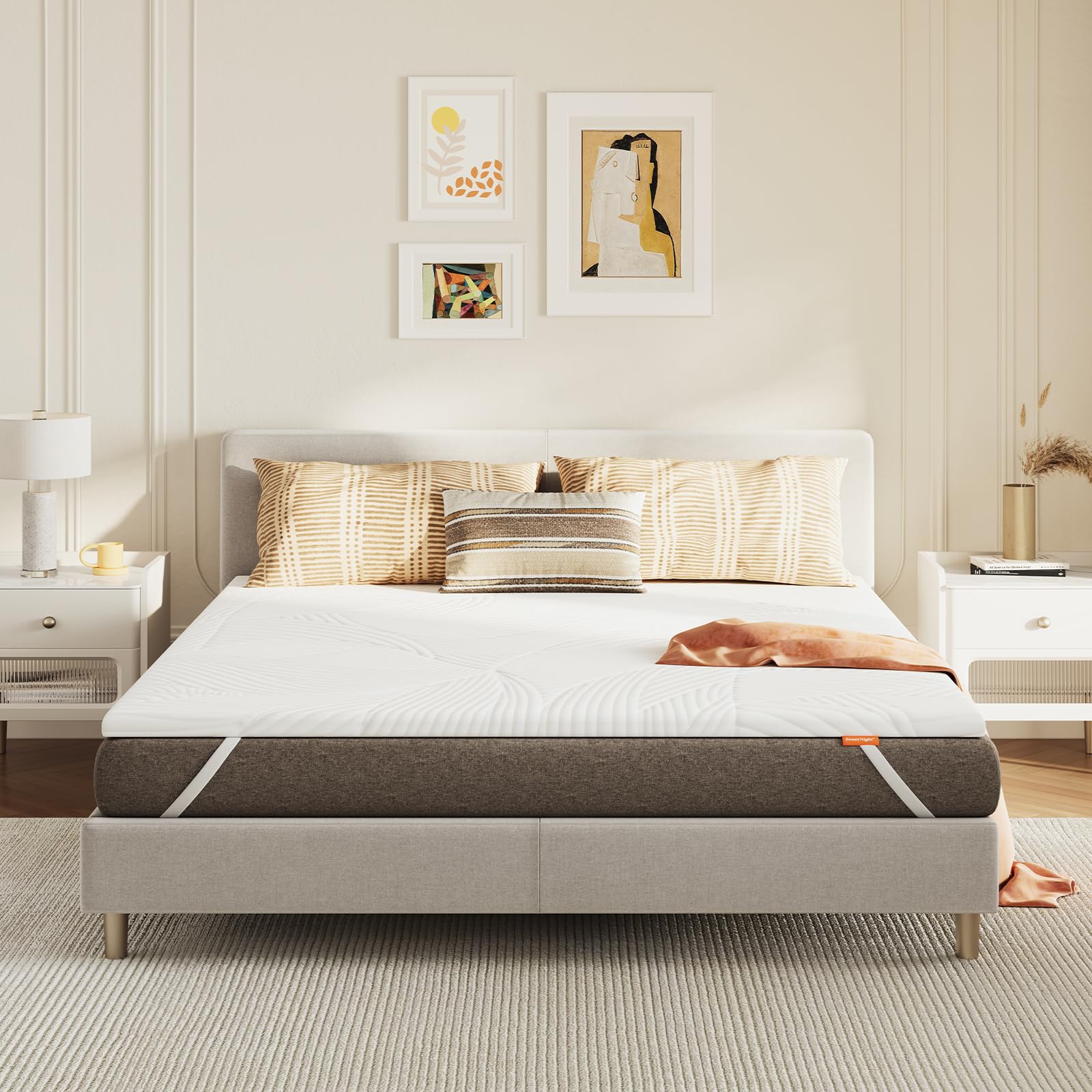Sweetnight Surmatelas en Gel 160 x 190 x 5 cm, avec Housse Amovible et Lavable, Surmatelas en Mousse à mémoire de Forme 160 x 190 x 5 cm, avec Sangles élastiques, Blanc