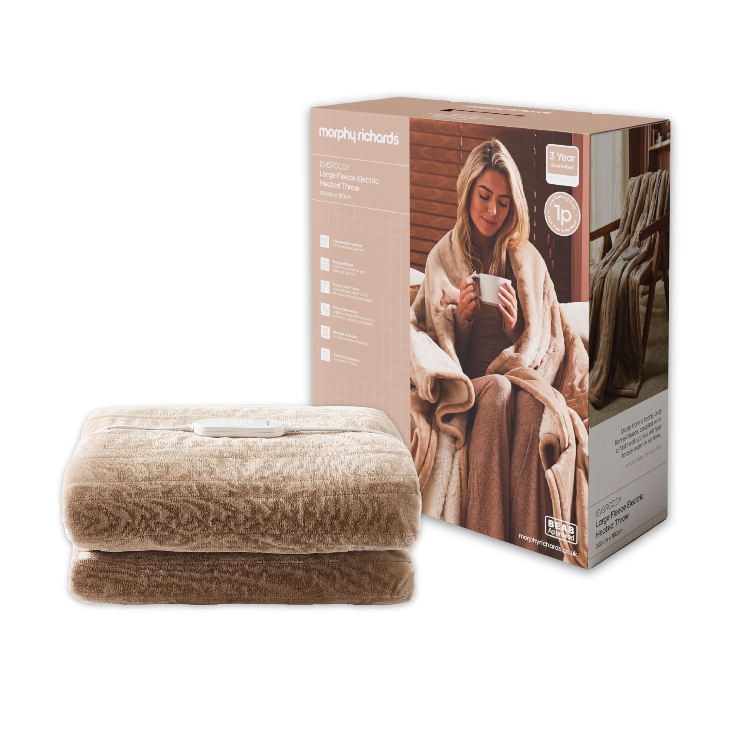 Morphy Richards Electric Heated Throw - Beige - Fleece - Double