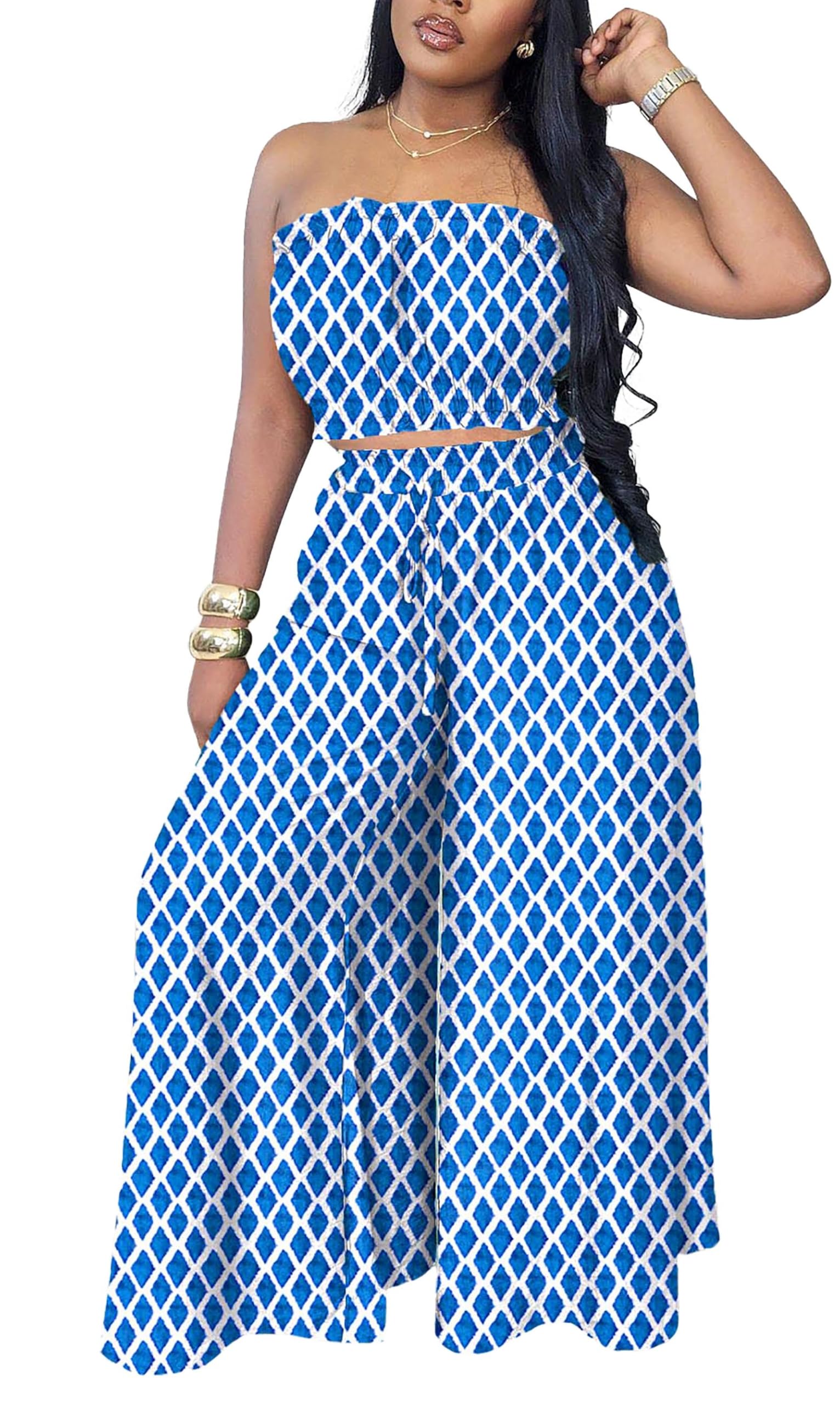 Two Piece Sets for Women Summer Outfits Crop Tops and Wide Leg Pants Sets Sexy Jumpsuits Vacation Outfits with Pockets