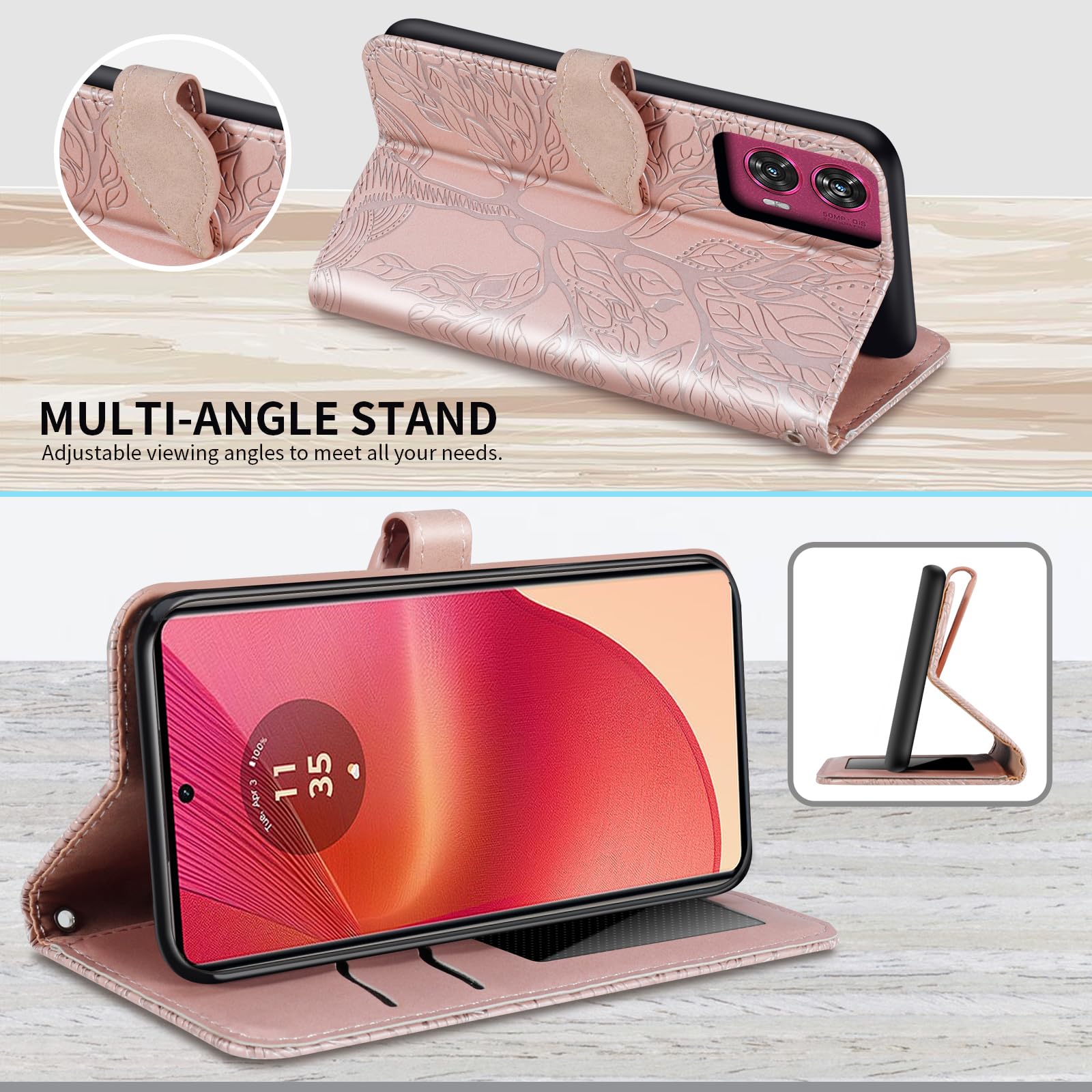 Rostsant Rose Gold Tree PU Leather TPU Silicone Motorola Edge 50 Fusion Flip Case Wallet Case Cover with Stand Function and Card Slot - Image 3