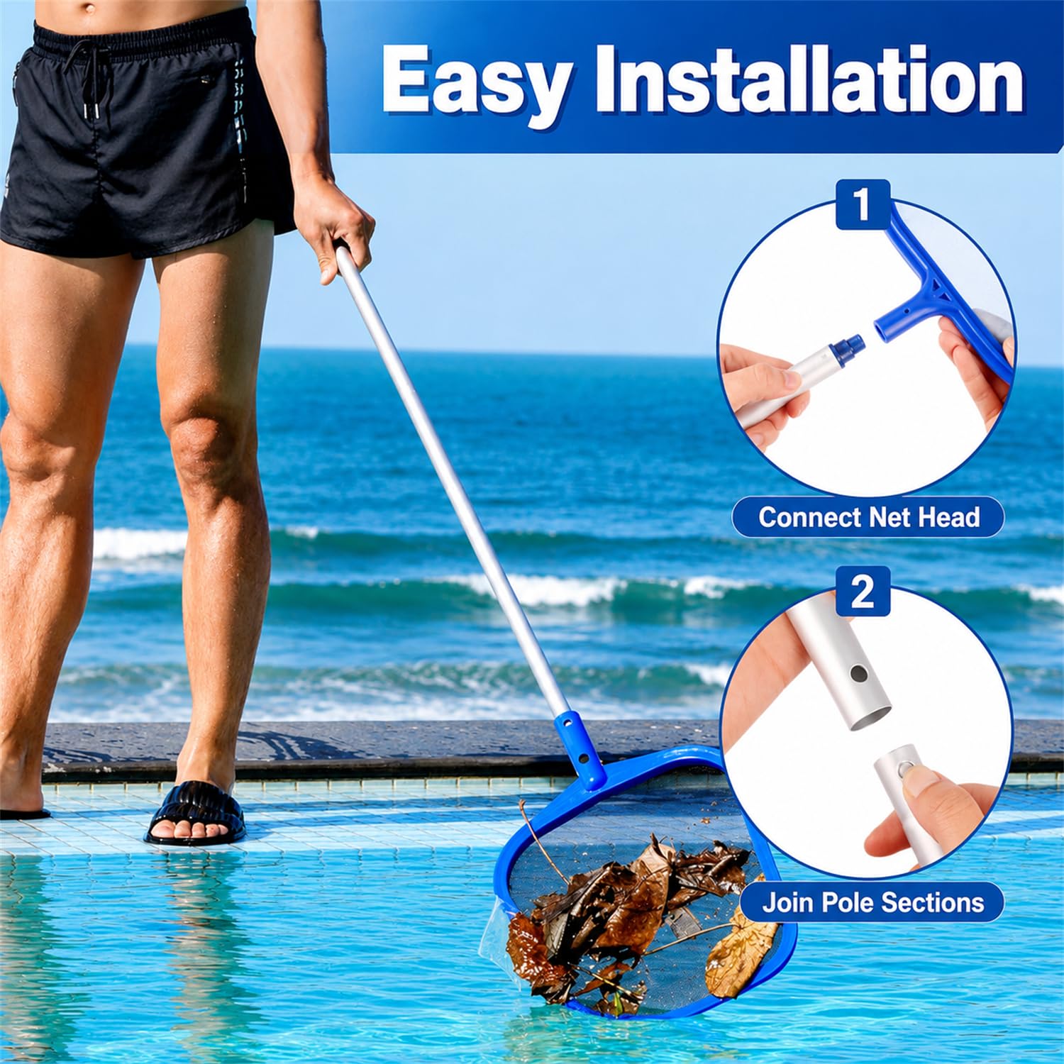 Retino Piscina con Asta Telescopica Regolabile, Asta in Alluminio 5 Sezioni, Maglia Fine per Pulizia Foglie e Detriti in Piscine, Hot Tub, Spa e Laghetti