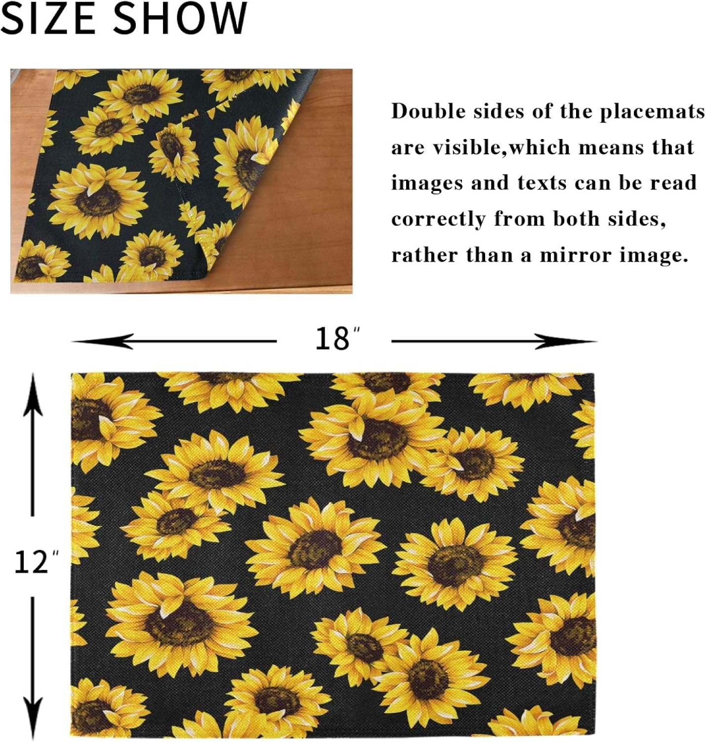 Sunflower Black Placemats Set of 6 Washable Non-Slip Burlap Table Mats Heat Resistant Place Mats for Home Kitchen Dining Party 12 X 18 in