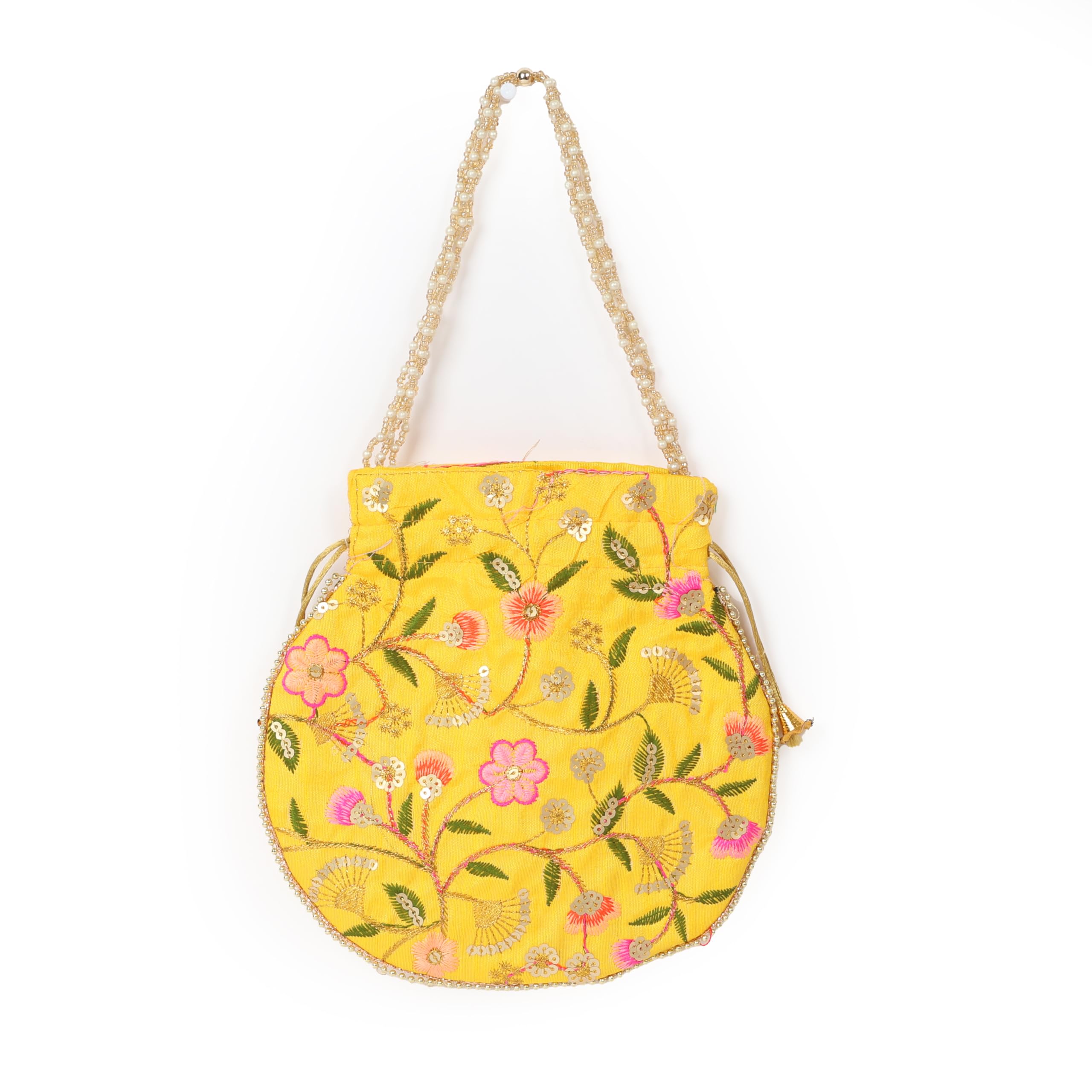 Pink Floral Embroidered Potli Bag with Pearl Beaded Handle and Gold Drawstring-image-33