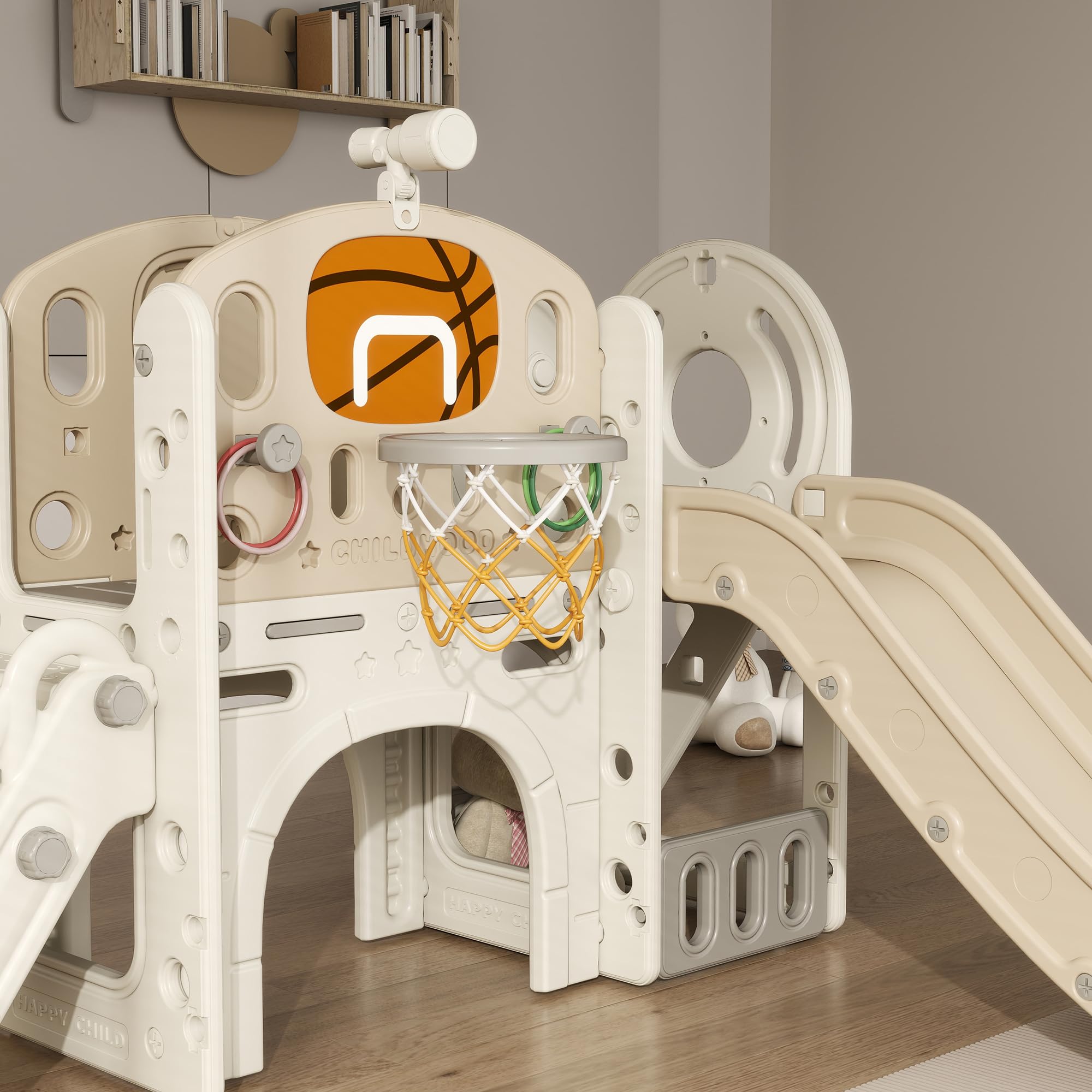 AIYAPLAY Kinderrutsche 7-in-1 mit Basketballkorb für Indoor & Outdoor | Kleinkinderrutsche Klettergerüst, Teleskop, Tunnel, Plattformgang, Aufbewahrungskorb, für 1 bis 6 Jahre Kinder