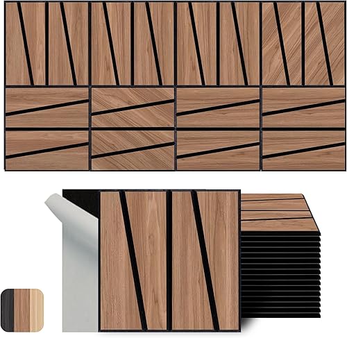 Miniatura 24 de WoveN SounD Paneles de pared acústicos artesanales, paquete de 16 unidades de 12 x 12 pulgadas, chapa de madera tallada a prueba de sonido, Patrón