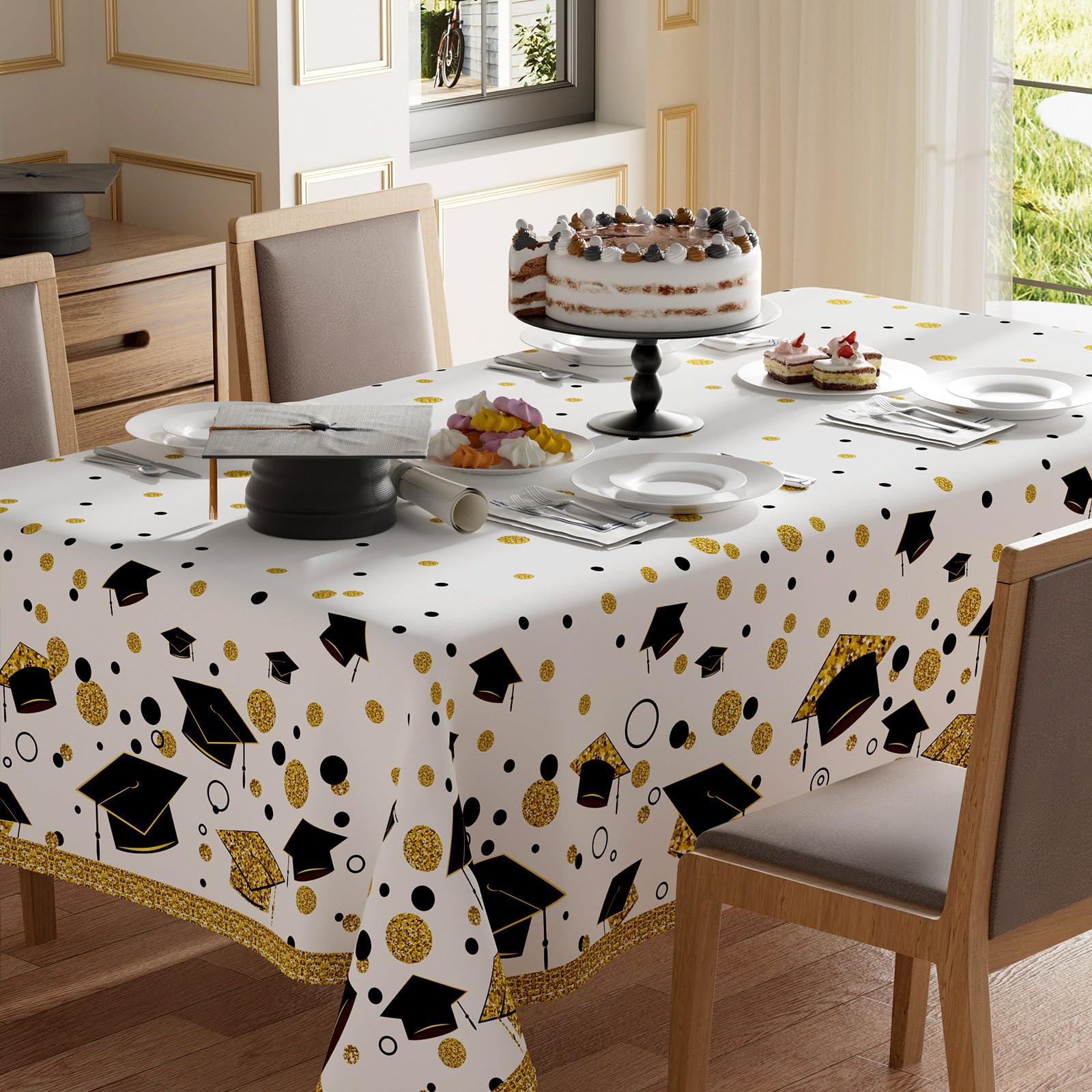 XCHI Congrats Grad Graduation Cap Dots Tablecloth Rectangle Washable Table Covers for Indoor Outdoor Dining Table Home Party Decorations 60x104 Inch