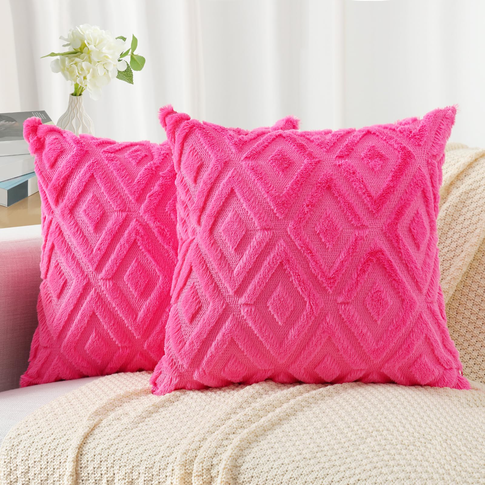 Pallene Spring Valentines Hot Pink Throw Pillow Covers 18x18 Set of 2, Soft Plush Faux Fur Decorative Couch Pillow Covers for Sofa Bed Living Room Pillow Cases with 3D Diamond Pattern