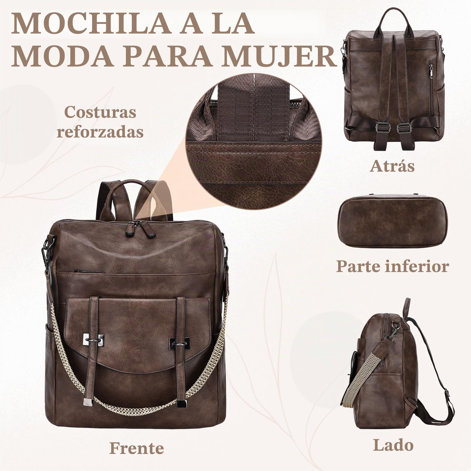 Mochila Viaje Mujer, Bolso Mochila de Cuero PU Mochila Antirrobo de Moda Bolso Convertible Impermeable Mochila Universidad Grande con Cartera para Shopper Esculea Trabajo, Café