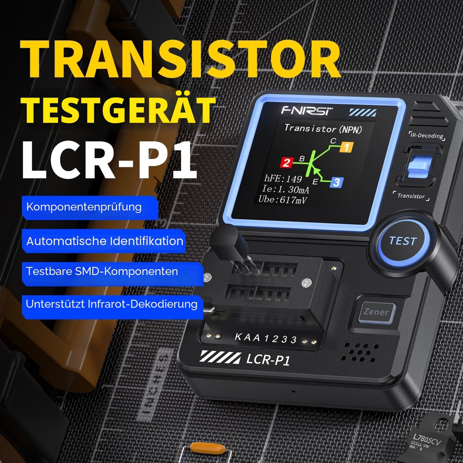 LCR-P1 Transistor-Tester, Multifunktions-Infrarot-NPN-PNP-MOSFET-Tester, 1,44-Zoll-Farbbildschirm USB Typ-C, Diode Transistor Kondensator LCR Widerstand ESR Messgerät, Transistor