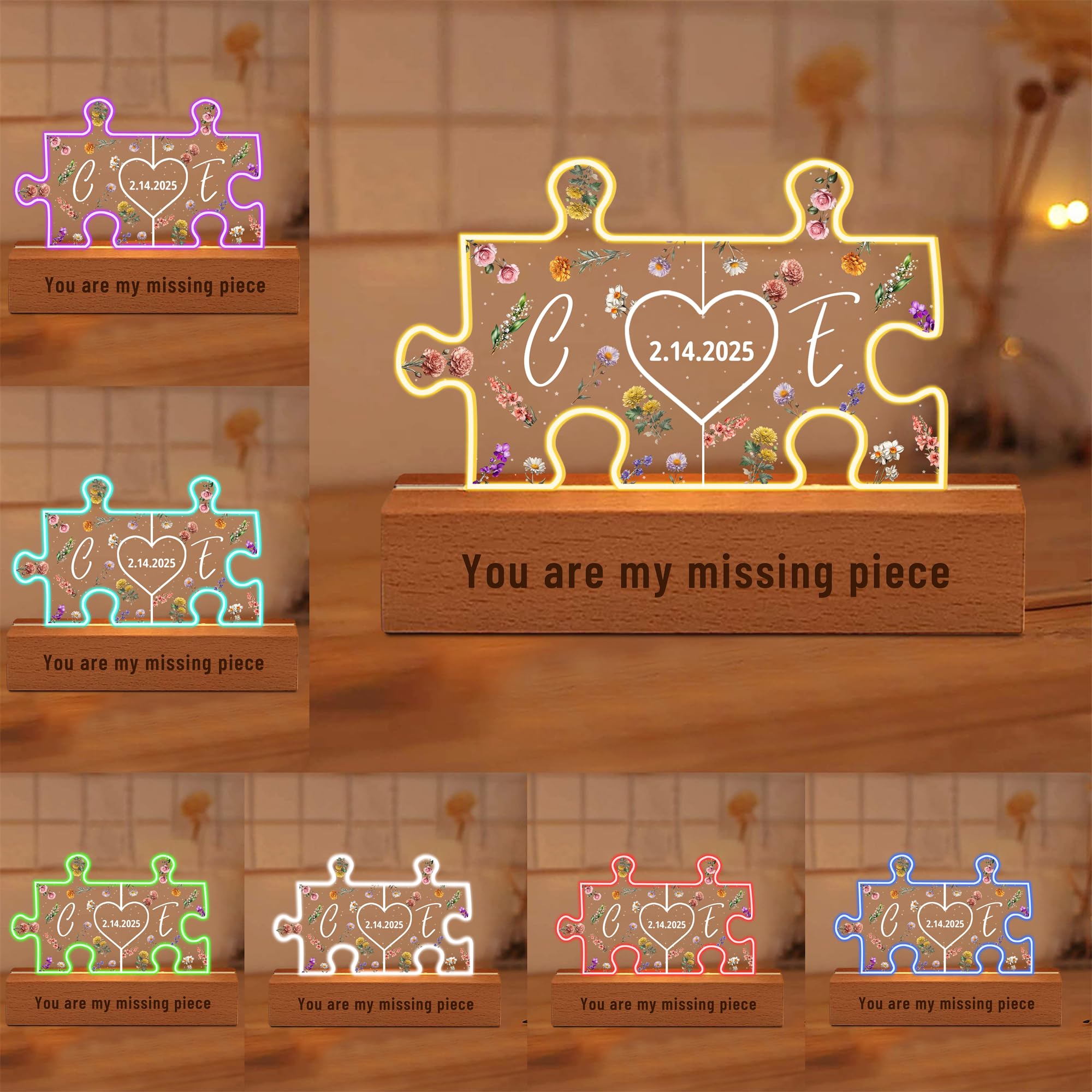 Personalized Couple Puzzle Birth Month Flowers Frame Light Custom You Are My Missing Piece LED Night Light Couple Initials Flower Acrylic Frame Sign Gift for Valentine's Day Birthday