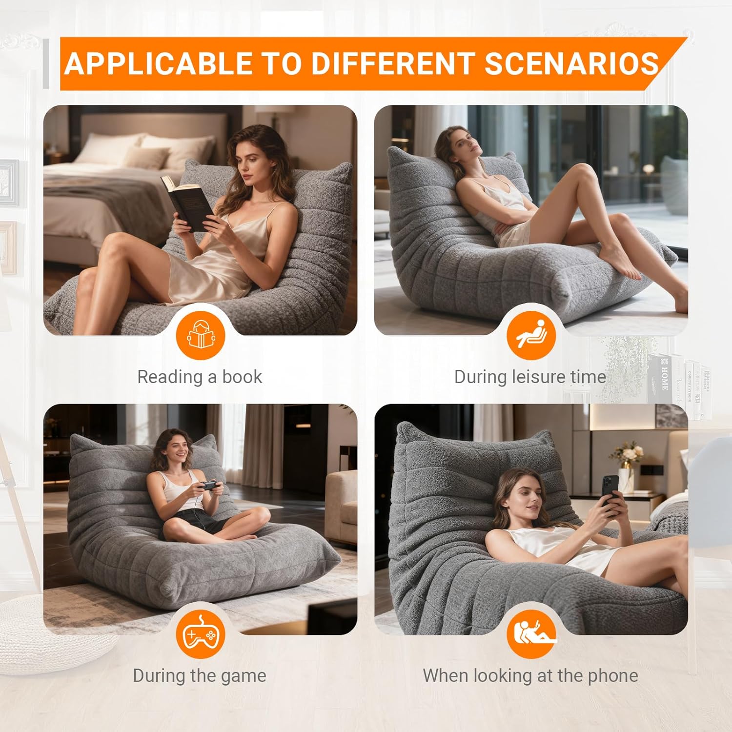 Gaming Bean Bag Chairs for Adults, Fireside Chair for Living Room with Memory Foam Filled, Accent Sofa Lounge Floor Sofa for Reading Dormitory Relax, No Assembly Required Gray - Image 4