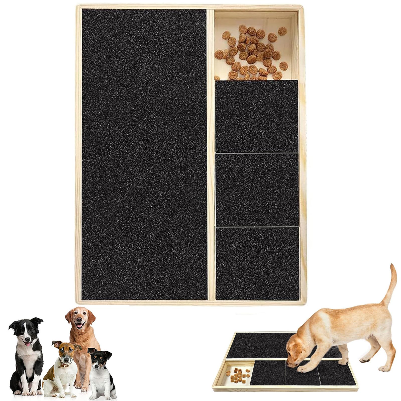 clhjinruoliu Dog Scratch Pad for Nails, Dog Emery Board Scratcher Treat Box, Dog Nail File Board Scratch Pad Treat Box, Pet Wooden Snack Case Shorten Dog's Side Nail Easier,3grids