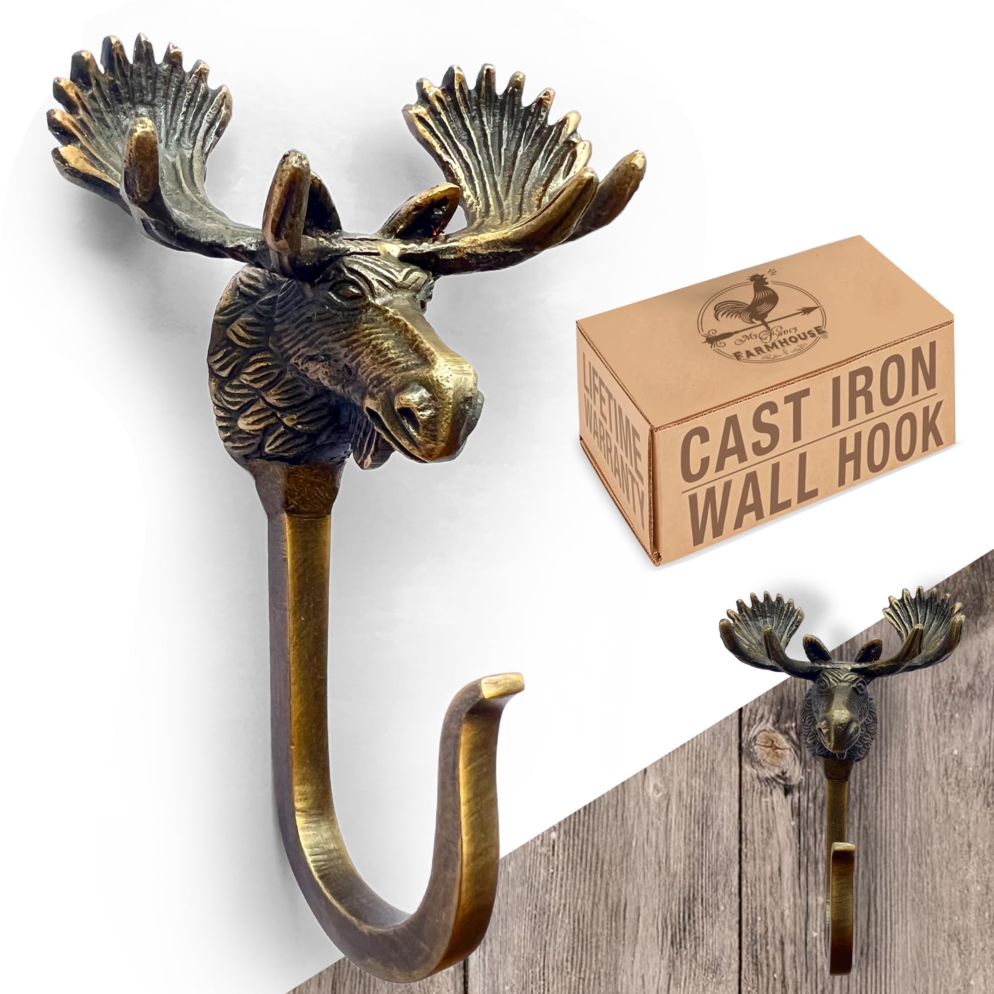 Cast Iron Moose Hook, Large, Heavy Duty, 5.15 inch Tall, Farmhouse Decorative Wall Hook, Vintage Decor for Hanging Coats, Bags, Hats, Towels (Antique Bronze)