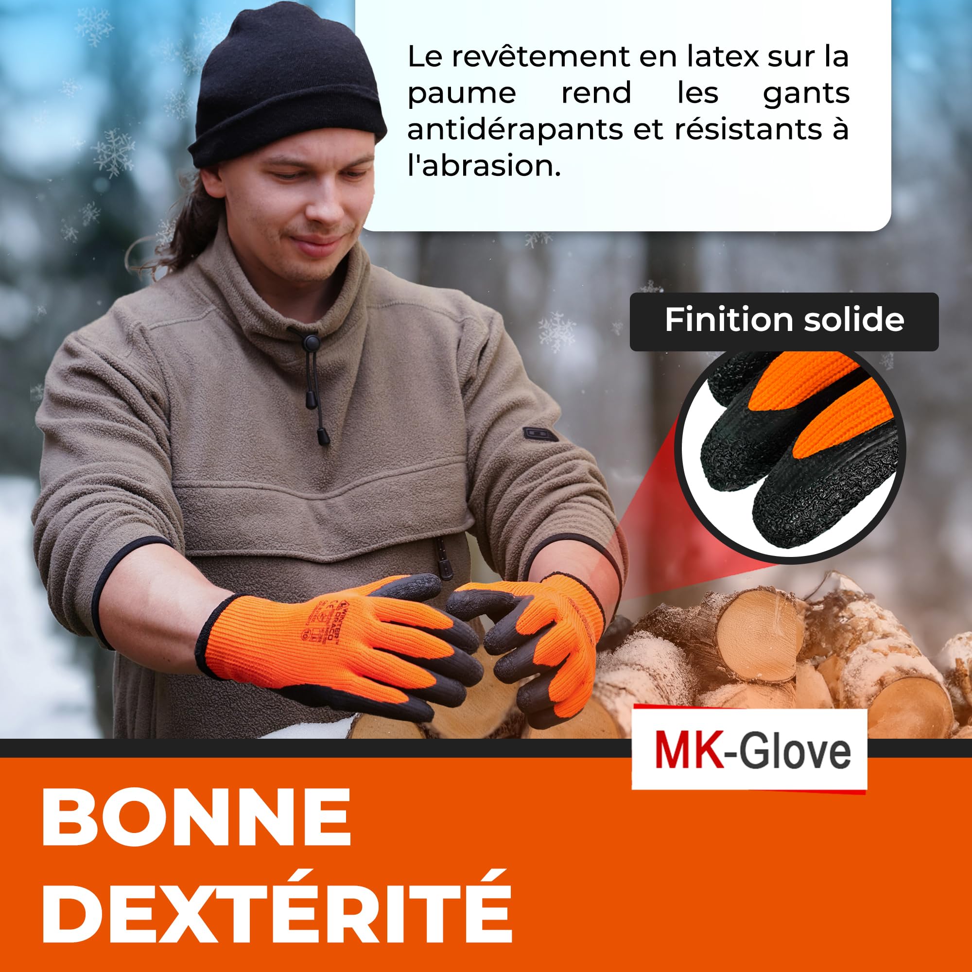 Gant Hiver Homme (48 Paires) Thermique Taille 10-XL | Gant Thermique Anti Froid avec Latex, Gants de Travail, Gants Hiver Homme Travail Anti Coupure