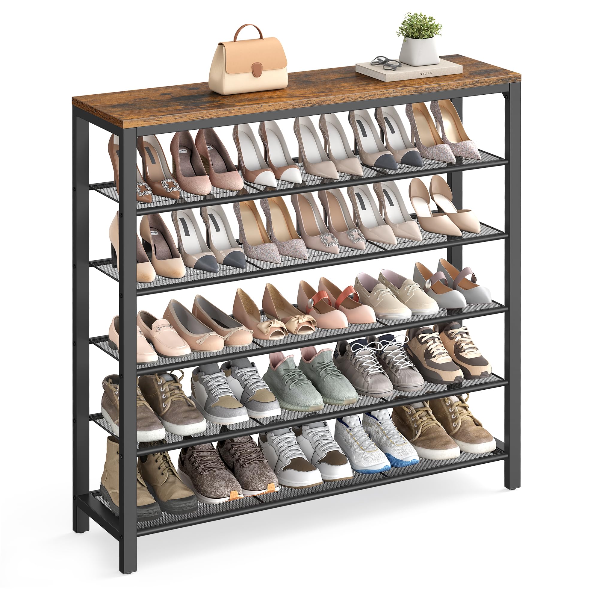 VASAGLE 6-Tier Shoe Rack, Rustic Brown and Black